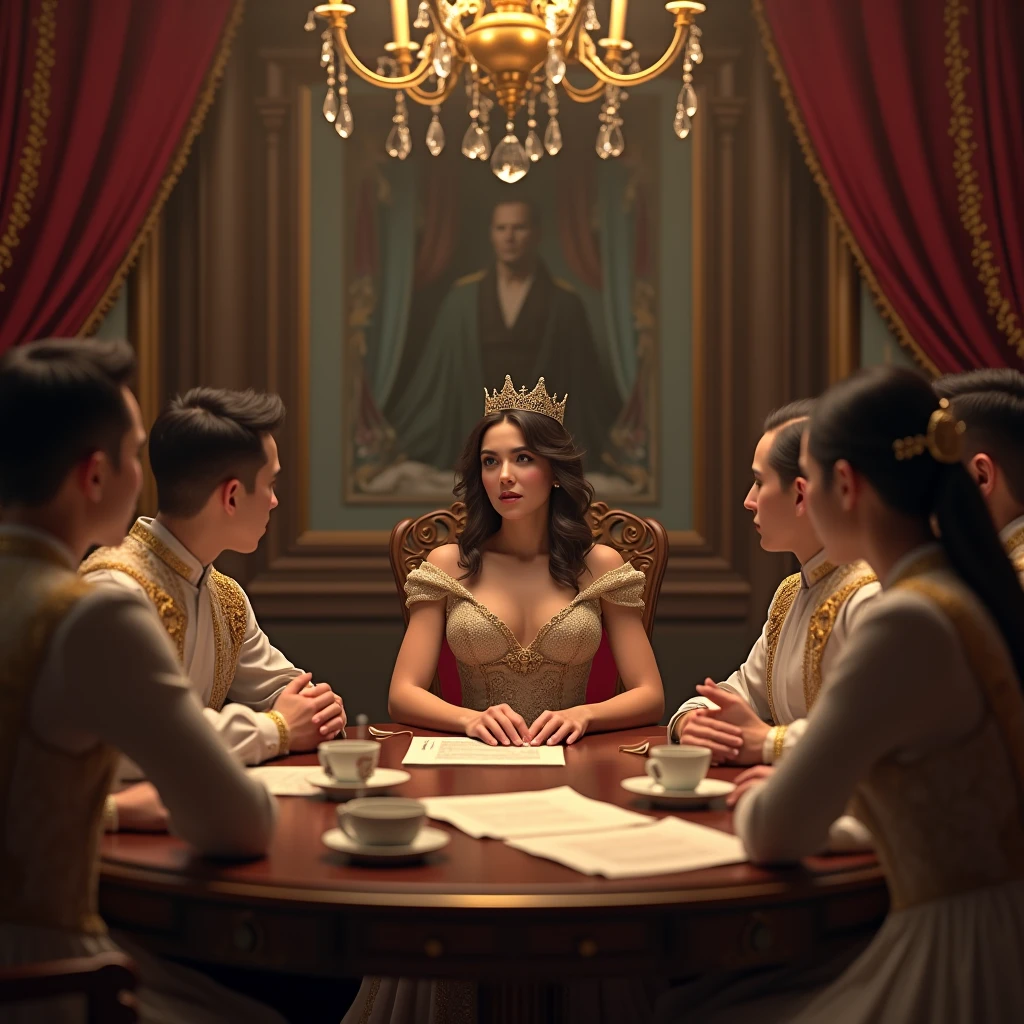 "An ultra-realistic scene of royal siblings engaged in a thoughtful group discussion around a polished mahogany table inside a grand palace chamber. The atmosphere is warm and majestic, with velvet drapes, gold-accented furniture, and chandeliers casting a soft golden light. At the center of the composition sits a regal young woman, the focal point of the scene. She wears a fitted royal gown that accentuates her graceful yet voluptuous figure, including prominently full curves, especially around her chest. Her posture is poised, with one hand resting lightly on the table as she speaks, while her royal brothers and sisters attentively listen. Scrolls, tea cups with rising steam, and antique books are spread across the table, reflecting an intense yet elegant exchange of ideas. The entire composition radiates nobility, intellect, and subtle sensuality."