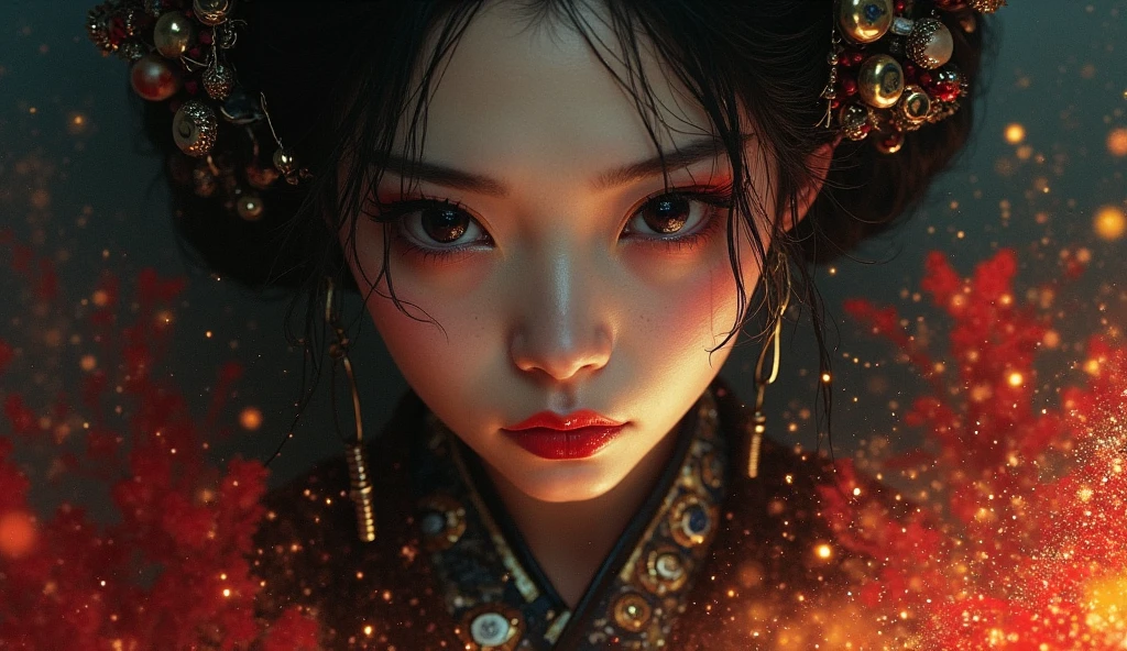  Close up close to the eyes sexy woman, close nela, dark and elegant, of Oiran emerges from the darkness of the night, with a sublime beauty vibrant red leaves energy dark yellow energy, dark yellow soul, dark yellow smoke, dark yellow aura surrounding her. The contrast between deep darkness and vibrant colors creates a striking visual and dark matter, meteoros, fragments of chaos , Black flames, medieval war scenario empty face pretty face,extremely detailed,intricate details,eyes extremely detailed, high detailed eyes,16k resolution, realistic humid skin,extremely intricate details, epic realistic ,face anatomically correct,Ultra HD,HDR, natural skin textures, hyper realism,realistic skin texture, hyper detailed,extremely Realism,Ultra Detailed,body logically correct

