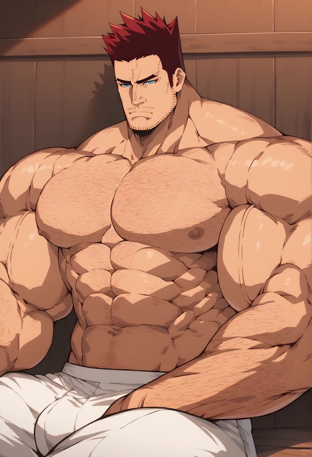 2men, mercenary, slicked back, forehead, blue eyes, brown-red hair, muscular, 30yo, ideal ratio body proportions, masculine, smart pentagou face, short hair, ugly face, BREAK naked guys focus, intercourse with a faceless male, duo, sex from behind, nipples, bedroom, soft plesure, looking far, detailed penis, in robot anime style, 1990s, VHS quality, masterpiece, best quality, extremely detailed guys, detailed glans