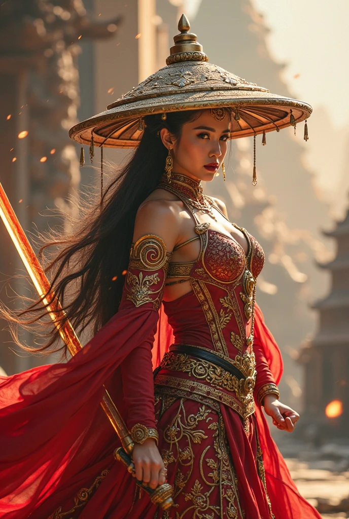 Ultra-realistic photo of a powerful big-breast fantasy beautiful Thai female full-armored mage with long hair,evil sly smile,wearing highly detailed red and gold Royal-Thai pattern with metallic gold textures and weathered surface armored, ** ancient Thai ornament wide brim hat**, right hand holding a long gigantic royal Thai pattern-style glowing energy broad-sword , left fist to a camera ,cinematic lighting, sharp focus, shallow depth of field, high dynamic range, soft shadows, realistic materials, photo taken in a studio with fantasy heaven city background, 85mm lens, f/1.4, ISO 100, 8K photo