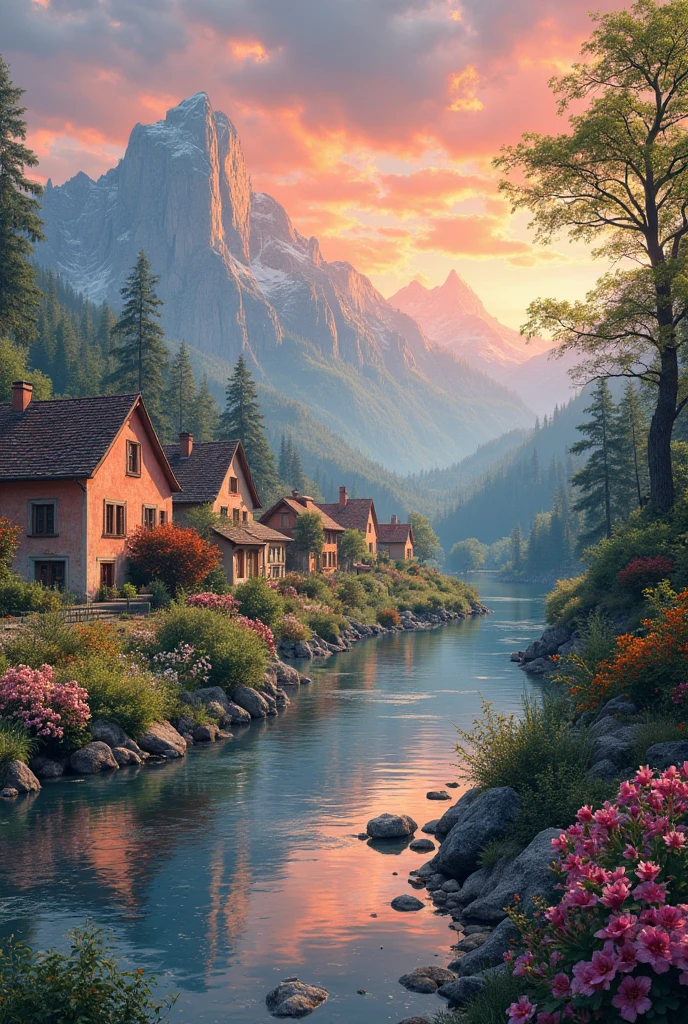 a small village by the river, mountains in the background, floral flowers colorful, detailed landscape, Beautiful natural landscapes, atmospheric lighting, scorching sunset, warm colours, practical, photopractical, Detailed Foliage, complex buildings, cobblestone street, Charming country house, swirly vibrant colors, lush vegetation, Still water reflections, Picturesque, idyllic, work of art, best qualityer, 8k, extremely detaild,anime styling