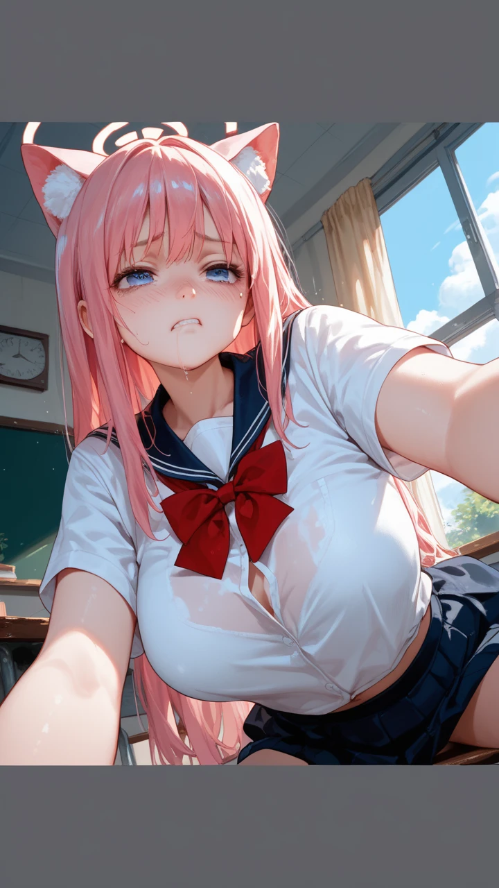 masterpiece、highest quality、Super detailed、High resolution、8K portrait、High definition CG of Unity 8k wallpaper、cute type little:1.5、Lori:1.5、Highly detailed CG unity 8k wallpaper、Realistic、real person、 portrait photography、shiny skin、High definition、(:1.2)、(1 girl)、spread legs、beautiful clear eyes、extremely detailed description、delicate face、nice lips、slender body、(thin waist)、thin legs、(bed room:1.6)、1 girl, cute type, perfect face, seriously, (blush:1.5),(half closed eyes),(pink bobhair:1.4),(big breasts:1.2),((school uniform:1.3)),((tits topless:1.2)),(I have nipples:1.2),(looking at viewer),(wearing upper shoes),nsfw,((1 big boy:1.5)),((POV oral sex:1.5)),((fellatio:1.5)),((penis:1.5))