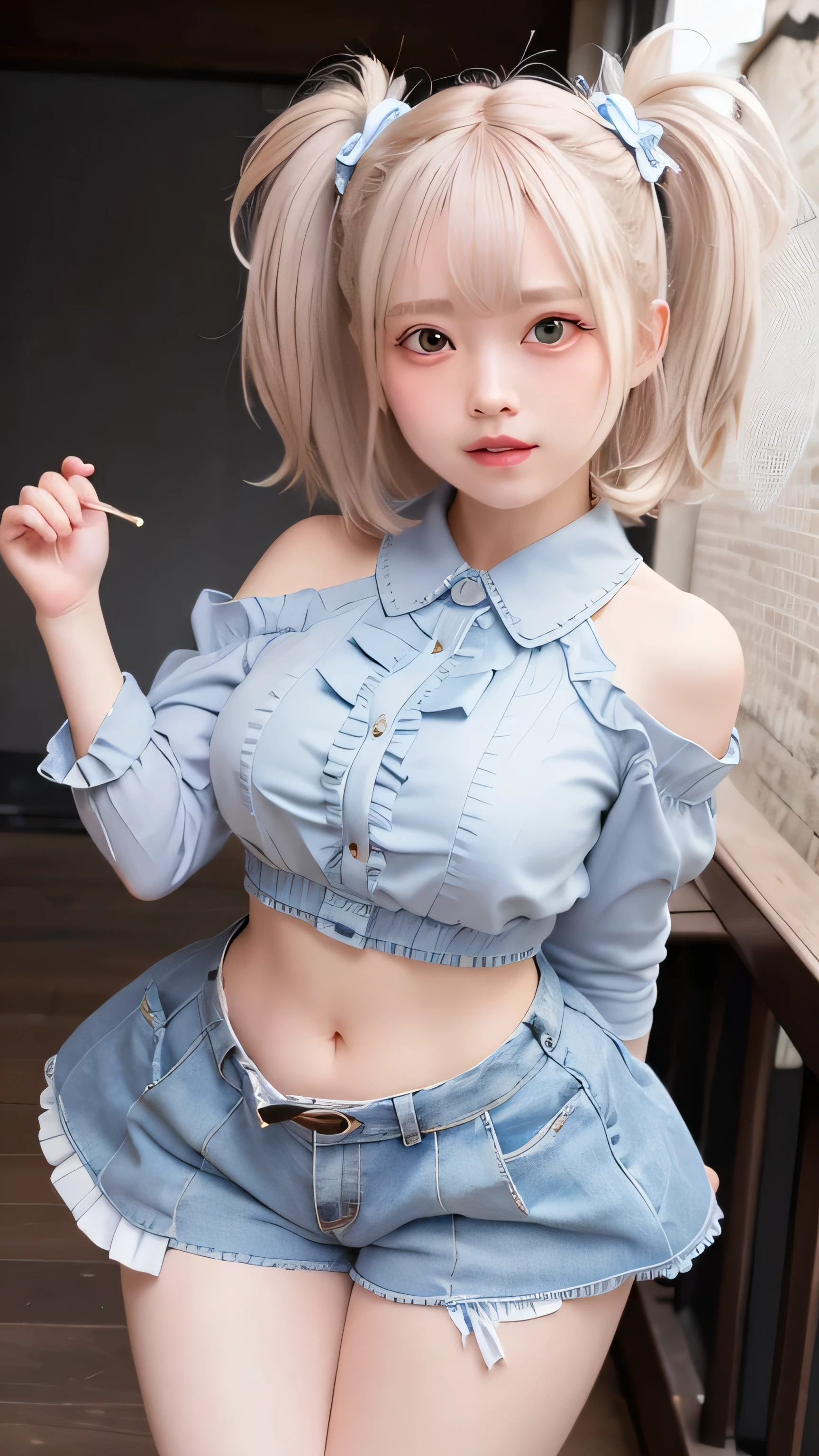 Cute girl, short white hair, exposed shoulders, medium-sized and tempting breasts, cow horns, cow ears, cow collar, bell, wearing wide jeans cut off at the ankle, ((jumpsuit)), overalls only, overalls, coveralls, jumpsuits only, overalls only 🐄🔞