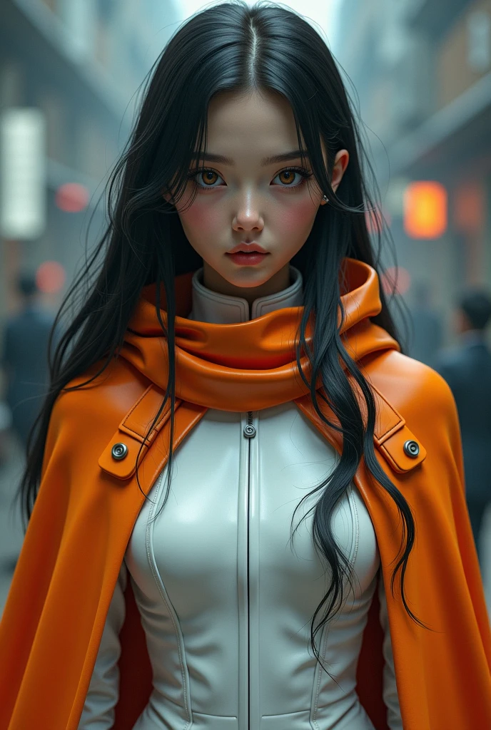 long dark hair, girl in white wearing military uniform, Orange Cloak,  big brown eyes , science fiction,  Dark atmosphere  , charturnerv2