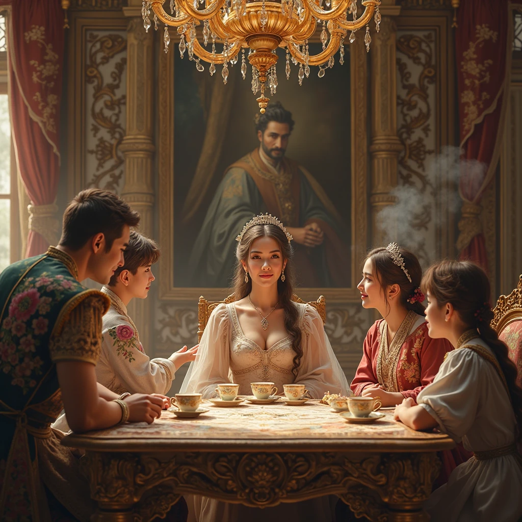 An ultra-realistic royal family portrait set in a grand palace chamber filled with ornate decor, golden chandeliers, and richly embroidered curtains. At the heart of the scene, a graceful royal daughter sits confidently at an intricately carved table, her regal gown flowing around her. Her presence is striking — elegant, composed, and nurturing, with a soft expression of wisdom and strength. Surrounding her are her siblings, engaged in a heartfelt discussion, their faces glowing with mutual respect and affection. One brother places a gentle hand on her shoulder, while another sibling offers a warm smile across the table. Steam softly rises from fine porcelain teacups as they share this quiet moment of unity. Behind them, a painted portrait of their royal parents hangs with honor on the grand wall — symbolizing reverence and legacy. The entire scene radiates the message: 'Honor your parents, love your siblings' — captured in timeless royalty and warmth."
