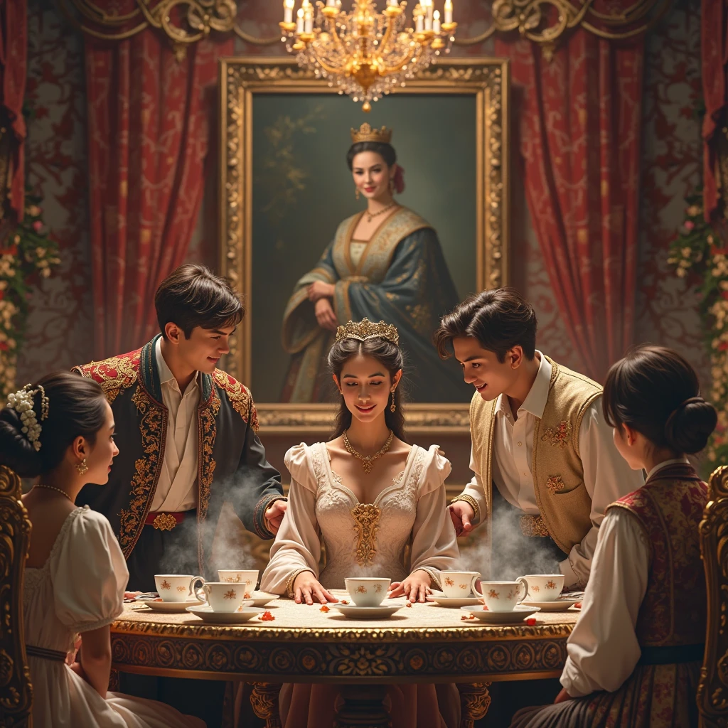 An ultra-realistic royal family portrait set in a grand palace chamber filled with ornate decor, golden chandeliers, and richly embroidered curtains. At the heart of the scene, a graceful royal daughter sits confidently at an intricately carved table, her regal gown flowing around her. Her presence is striking — elegant, composed, and nurturing, with a soft expression of wisdom and strength. Surrounding her are her siblings, engaged in a heartfelt discussion, their faces glowing with mutual respect and affection. One brother places a gentle hand on her shoulder, while another sibling offers a warm smile across the table. Steam softly rises from fine porcelain teacups as they share this quiet moment of unity. Behind them, a painted portrait of their royal parents hangs with honor on the grand wall — symbolizing reverence and legacy. The entire scene radiates the message: 'Honor your parents, love your siblings' — captured in timeless royalty and warmth."