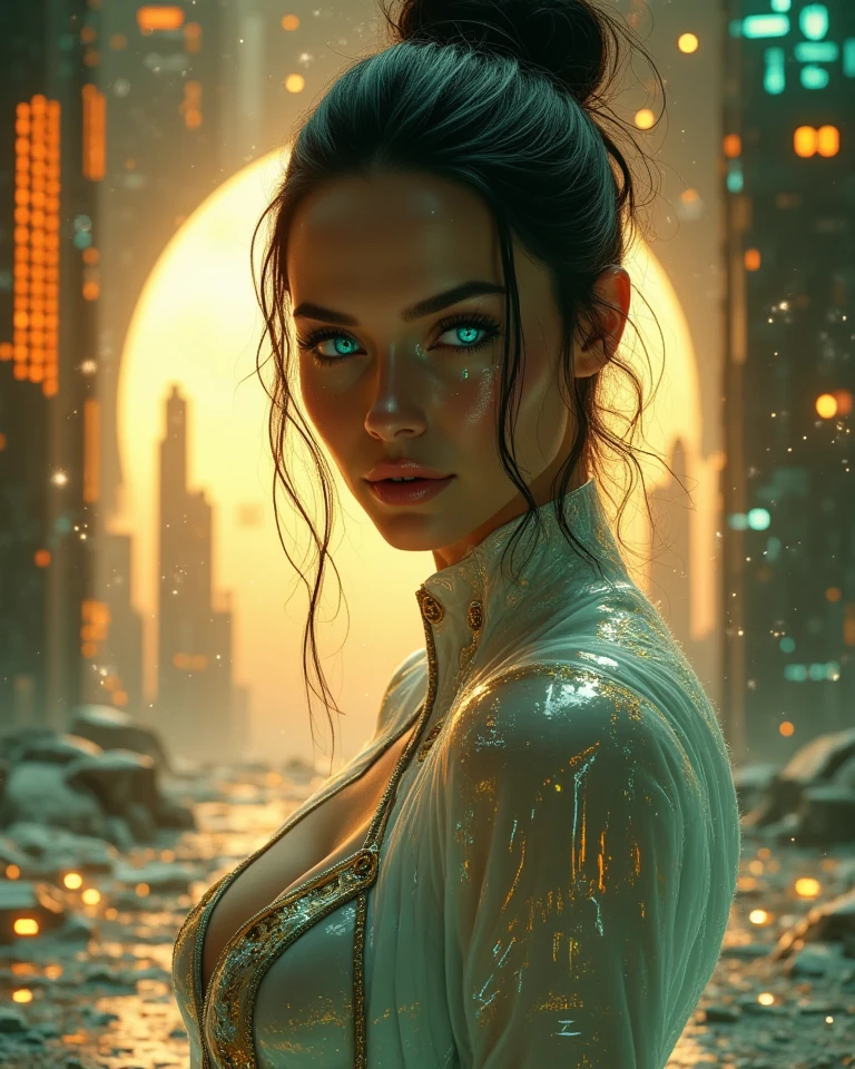 IMG_7249.CR2, Stunning digital goddess channeling **Carrie-Anne Moss' sleek, fierce elegance**: angular jawline, piercing gaze softened by a dewy, luminous complexion (subtle gold circuitry beneath porcelain skin). Full lips glossed in metallic magenta, smirk echoing Trinity’s iconic confidence. Kaleidoscopic eyes (cyan-gold fractals) framed by pixel-glitch lashes. Hair: platinum-silver waves dissolving into static mist, streaked with neon binary braids. Structured liquid-obsidian trench coat with razor-sharp lapels (fractal rose motifs), cinched by a corset of golden Mobius strips. Beneath, a skin-tight holographic bodysuit glitches between Art Nouveau florals and data storms, slit revealing a toned thigh strapped with a circuit-tech garter. Knee-high crystalline stiletto boots refracting prismatic light.  

**Environment**: Levitating on a fractured glass platform mirroring infinite Matrix layers—bioluminescent code forests, Escherian skyscrapers. Neon code-vines coil around boots. A black hole sun bleeds amber-gold light, fracturing into cyan halos.  

**Lighting**: Volumetric cyber-noir chiaroscuro—golden-hour warmth clashes with acidic green Matrix undertones. Holographic snow (glitching fractals) and floating binary ash.  

**Details**: Pose balances Trinity’s combat-ready poise and ethereal allure—one hand summoning data ribbons, the other resting on a hip, hair swept mid-motion. Hyper-real textures: liquid latex, glowing circuitry, sweat-dew skin (subsurface scattering). UE5-rendered, 8K photorealism, trending on ArtStation.  

**Vibe**: *The Matrix*’s Trinity evolved into a glitch-core deity—merging Moss’ iconic intensity with fractal transcendence. Beauty as a blade. 