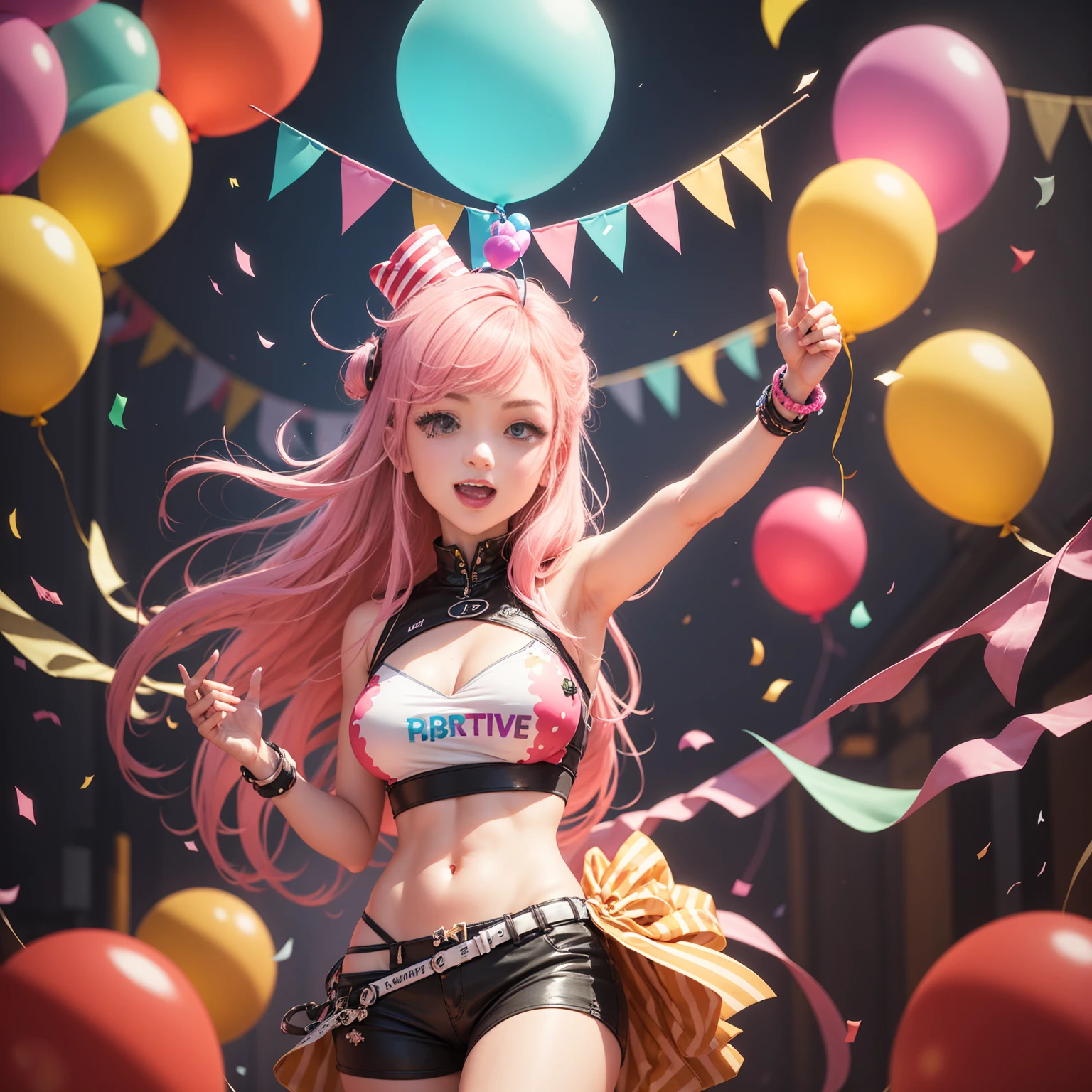 ((top quality, 8k, masterpiece: 1.3)), 1 woman, full body, smiling beautiful girl with many balloons, (blonde, twin tails) (big: 1.3, cleavage), cut abs, revealing, colorful clown outfit, ultra detailed face, (detailed eyes, double eyelids, color contacts, eye catch, catch light, long eyelashes), Sony α7, 85 mm, f / 1.4, ISO 100, focus on eyelashes, balloons are multicolored, balloon designs various, Ueno Park,