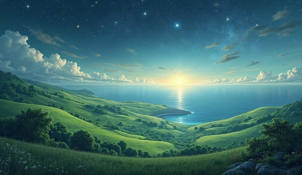 Overhead shot of calm landscapes — fields, oceans, stars — all merging into one