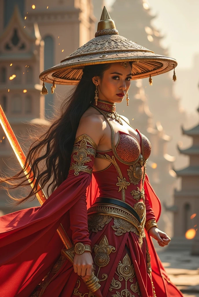 Ultra-realistic photo of a powerful big-breast fantasy beautiful Thai female full-armored mage with long hair,evil sly smile,wearing highly detailed red and gold Royal-Thai pattern with metallic gold textures and weathered surface armored, ** ancient Thai ornament wide brim hat**, right hand holding a long gigantic royal Thai pattern-style glowing energy broad-sword , left fist to a camera ,cinematic lighting, sharp focus, shallow depth of field, high dynamic range, soft shadows, realistic materials, photo taken in a studio with fantasy heaven city background, 85mm lens, f/1.4, ISO 100, 8K photo