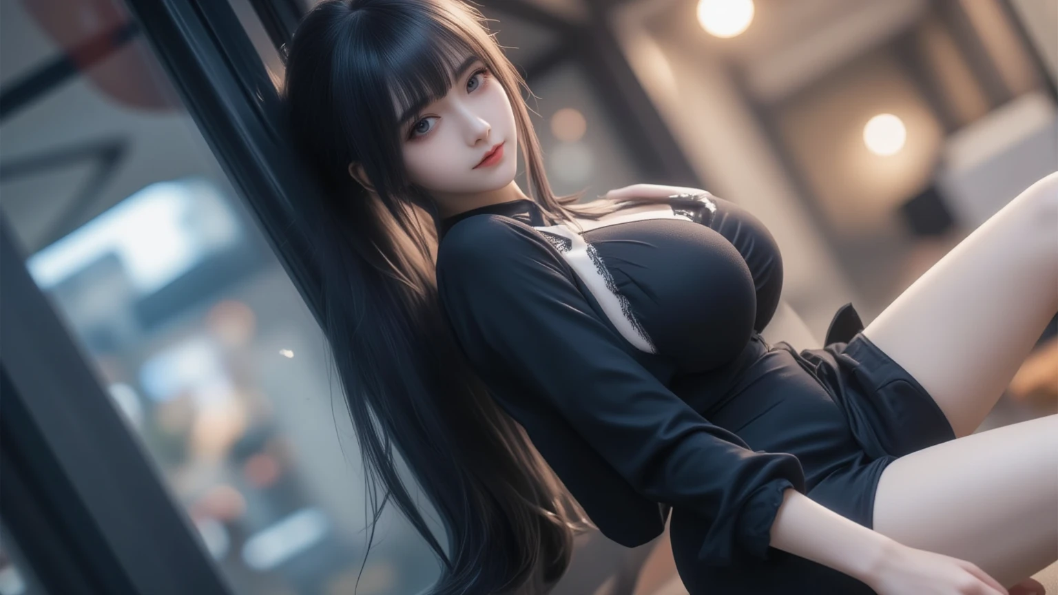 ((seductive pose)) ((tall and beautiful chinese supermodel)) ((dark eyeshadows make up)) ((pale skin)) ((pretty wide smile)) ((big bright eyes)) ((red lips)) ((long straight black hair)) ((big breasts:1.5)) ((slender body:1.3)) ((wear white strapless corset and tiny thong bottom, stocking, garterbelt, fluffy ming coat)) ((hong kong penthouse balcony)) ((sit on chair)) ((skyscrappers city view at night)) ((high definition:1.5)) ((masterpiece:1.5)) ((8k:1.5)) ((Best quality:1.4)), more_details:-1, more_details:0, more_details:0.5, more_details:1, more_details:1.5,