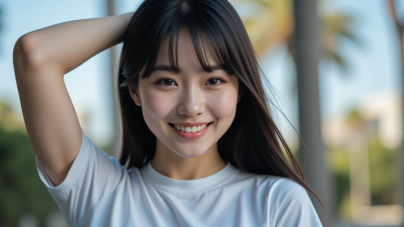 (realistic、masterpiece、Best Quality、8K、highres、high resolution:1.3)、1 glasses girl、Huge breasts、smile、white bikini、looking at viewers、super fine face and eyes、long hair、 upper body、