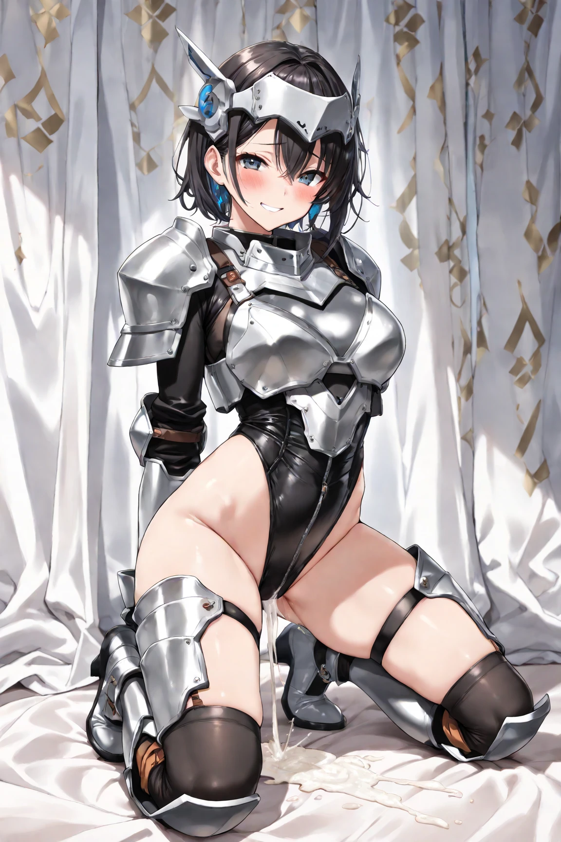 Only One Woman、Black Hair、short hair、Large Breasts、female knight、Wearing black armor、Wearing stockings、garter belt、Is urinating、Leaning forward、Align inner thighs、Crouching、Place your hands behind your head、Embarrassing、shortness of breath、Open your mouth、Watery eye、Blushed face、Spilling urine、Front of the body