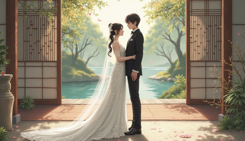 japanese bride realistic, japanese bride and groom, woman, 1 , marriage ceremony, japanese style, bride wears white long maxi, groom wear black tuxedo, japanese anime marriage, 