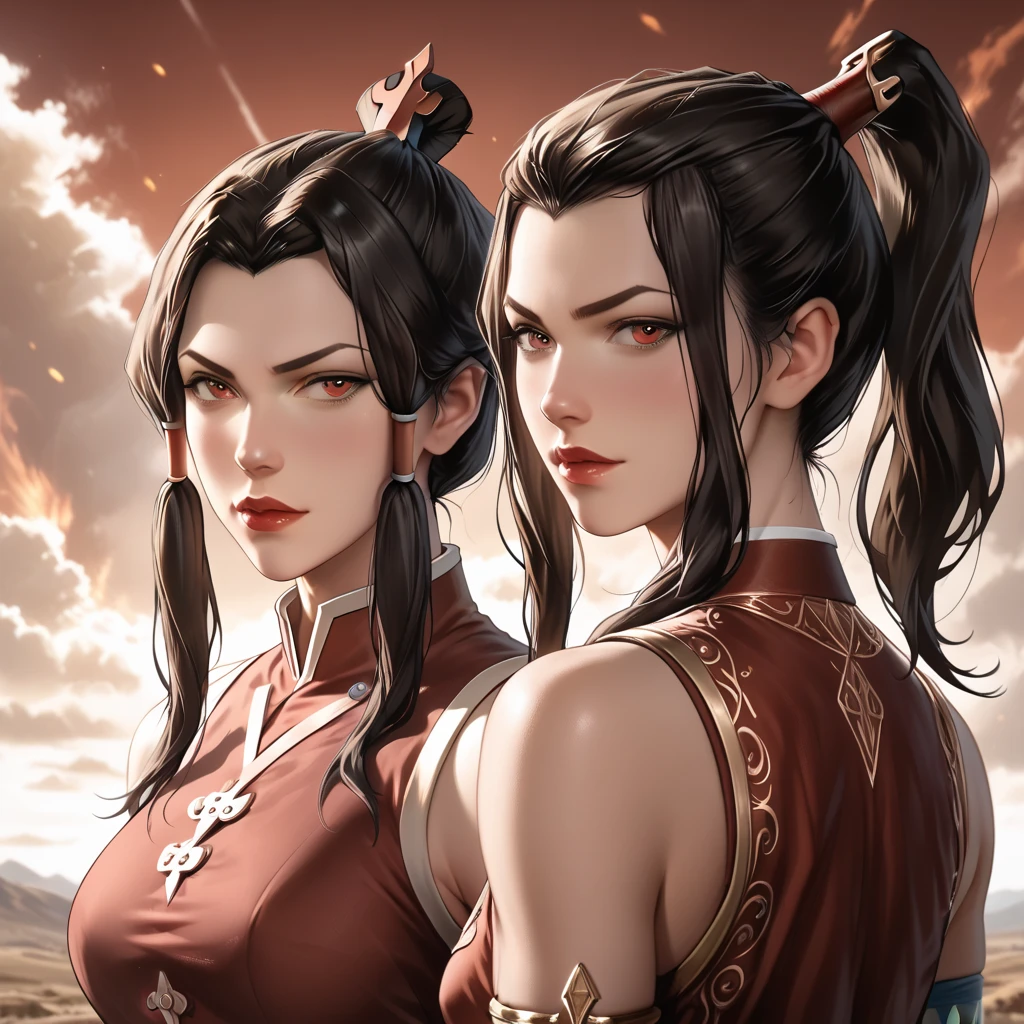 2 girls,nsfw,((Azula 1.3))/((Avatar korra 1.4)),from the last airbender series,revealing outfit,high quality,detailed facial features,expressive poses,dramatic lighting,cinematic atmosphere,fantasy landscape background,moody color palette,intricate textures,digital illustration,4k,photorealistic,masterpiece
