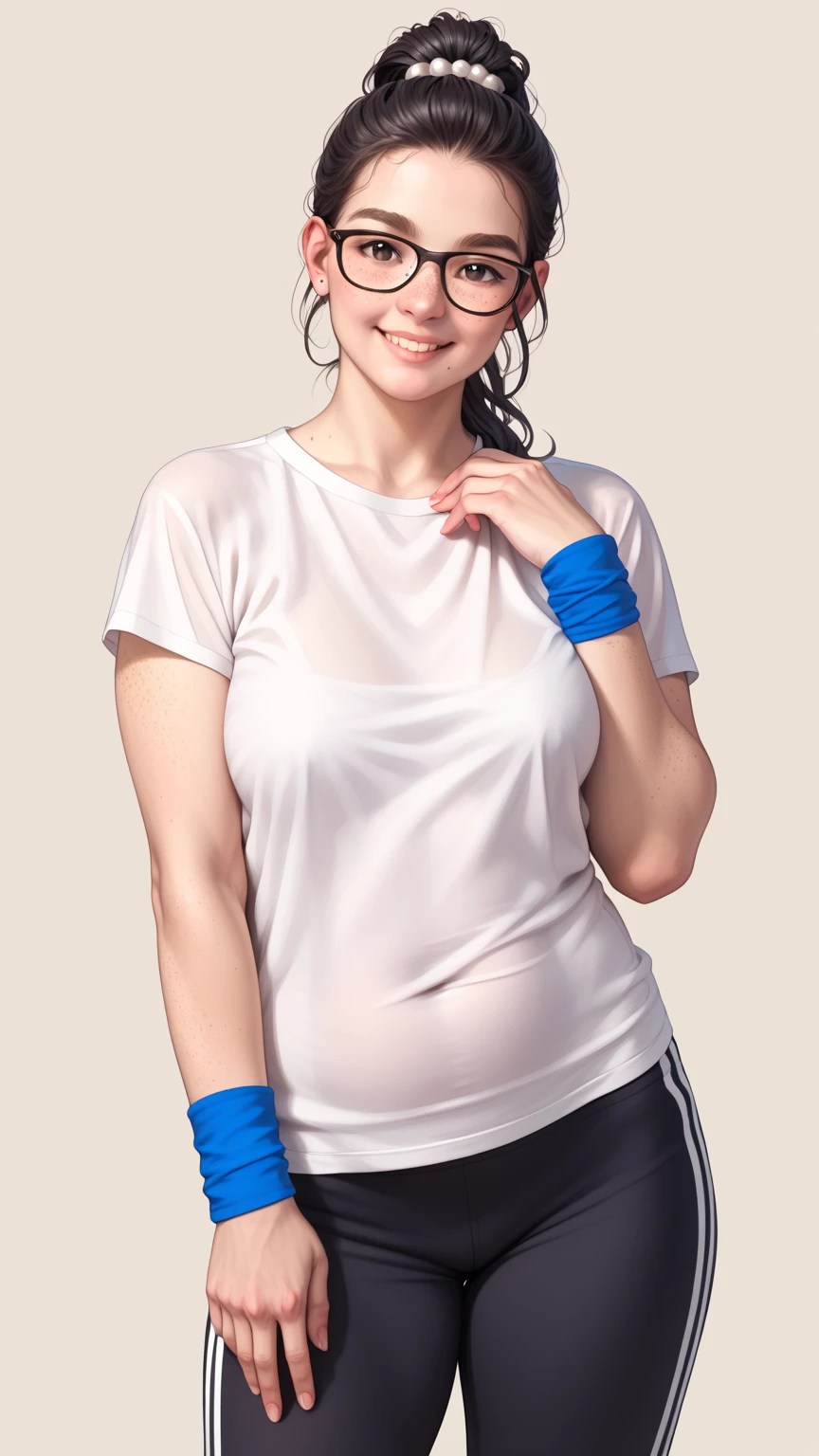 Adorable Girl . Very Kawaii , Round Face . Solo , Slim , Medium Breasts , Short Stature . Glossy Skin . Plain White T-shirt . Shorts . Dynamic Pose . Dynamic Angle . No Background , White Background , looking at viewer