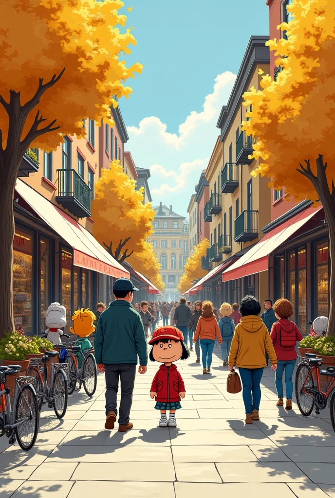 A lively street scene with several people walking and talking, all drawn in the style of Snoopy characters (peanuts). The street is full of style, with modern stores, cafeterias with terraces, parked bicycles and trees with colored leaves. People wear fashionable clothes: jackets, Hats, sunglasses, Scarves, and backpacks . The atmosphere is cheerful and urban, with a cozy and artistic vibe, as if it were a sunny afternoon in a bohemian neighborhood