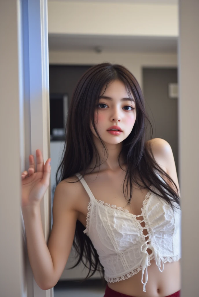 tututh,white thighhighs,thighhighs, ((whole body)), ((Shot from random angles)), ((Sitting)), (yushuxin,1 Girl,Solitary), Clear face, Pretty Face, 8K, masterpiece, original photo, best quality, detail:1.2,lifelike, detail, Very detailed, CG, Unite, wallpaper, Depth of Field, Movie Lighting, lens flare, Ray Tracing, (Extremely beautiful face, Beautiful lips, beautiful eyes), complex, detail的脸, ((ultra detailed skin)), 1 girl, in the darkness, Deep Shadows, Beautiful Korean girl, Korean Idol,(Very slim figure:1.3), Full breasts, Large Breasts, Slender sexy legs, Very beautiful legs, Elegant Posture, (A bright smile), (City night, (Neon), (night), Beautiful Korean girl, White Diamond Earrings, Bracelet diameter, Deya Necklace, Clear eyes, (big eyes)