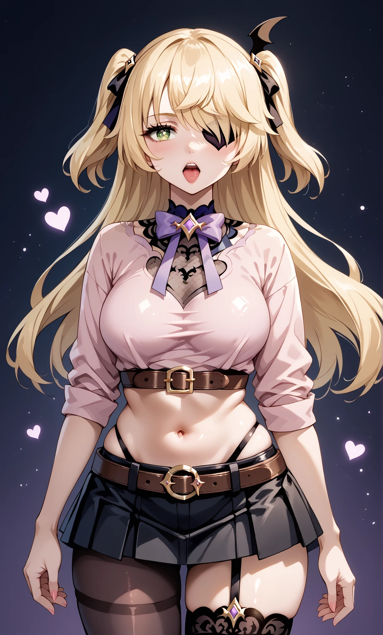 score_9, score_8_up, score_7_up, source_anime, 4K,perfect fingers,(perfect hands, perfect anatomy),prefect lighting, very aesthetic, intricate details,highly detailed background, masterpiece, high quality, best quality,
1girl,solo, fischl, fischl, long hair, bangs, ((blonde hair:1.5)), ribbon, green eyes, hair ribbon, hair over one eye, two side up, eyepatch, large breasts,,
wearing ((single thighhigh, midriff, black skirt, asymmetrical legwear, pink shirt, black thighhighs, belt, miniskirt, )),,
A sagging breast, standing, portrait, upper body, Look away, Open your mouth、Heart shaped pupil, teeth、tongue、(Curvy but slim),