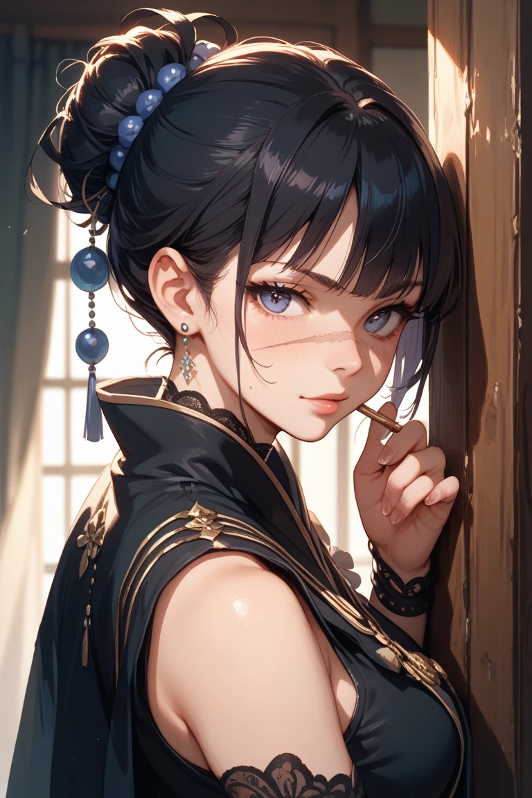 Woman wearing Hanfu、has a big scar on her face、Woman with dark hair hiding her face with a black cloth