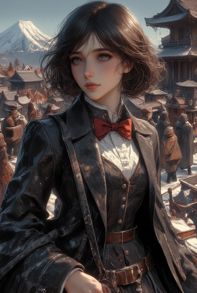 best quality, masterpiece, New Year, (gently smiling:1.5),(()), ((dark brown all over top and bottom、 ready,No sagging、Wrinkle-free 、Neat uniform:1.7)), ((well-balanced body:1.6)), (Japanese-junior-high-school-dark brown all over top and bottom制服-blazer-uniform:1.5), Small reddish bow tie, with a school bag, ((too much smile)), very cute, face, head and waist fully visible, (soft eyes:1.2) 、 (one innocent and pure junior-high-school-girl:1.5) , (The image shows only the upper body:1.7), shrine background,(only one mount Fuji:1.3), ((winter)),(outdoors:1.5)