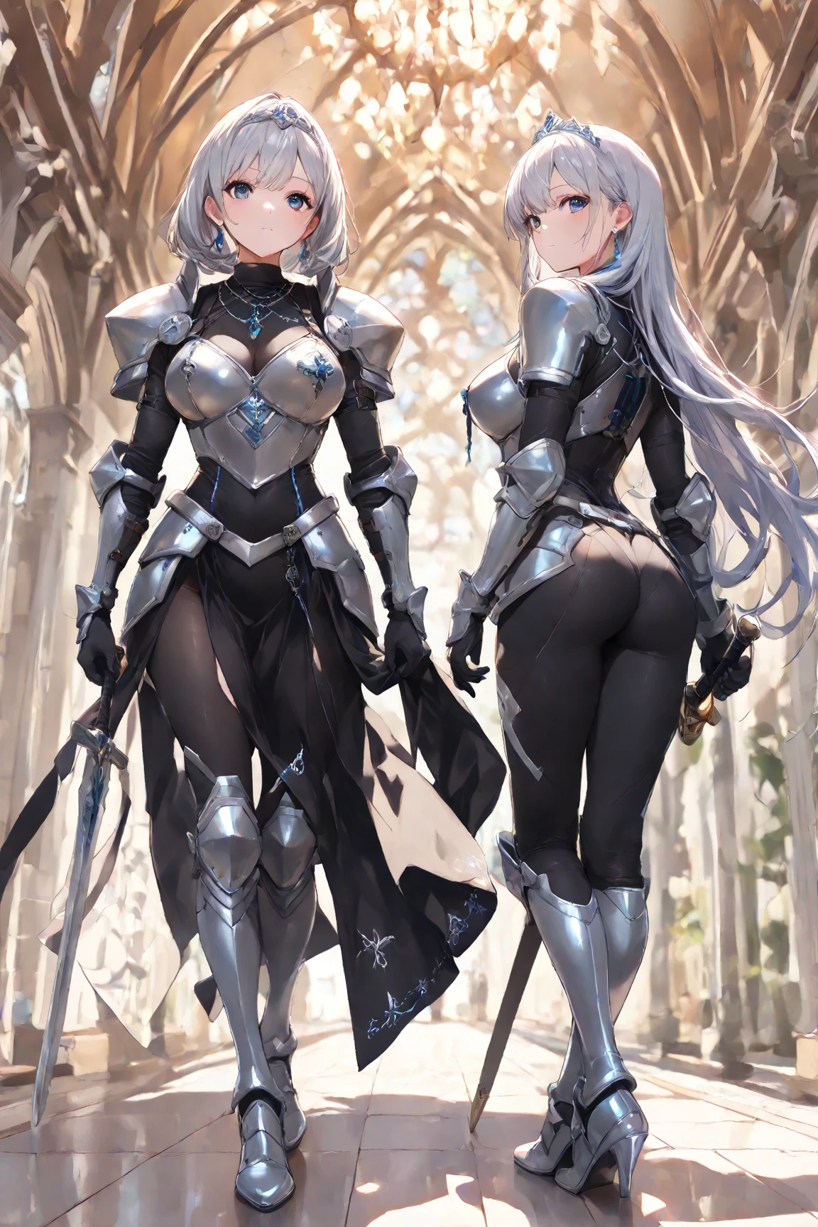 ((slanted eye)),(A MILF),(((mature female,adult woman))),masterpiece, top-quality, ultra-definition, max resolution, A highly detailed,((((Dark skin)))), Extremely sexy,Large breasts,blush,high legs,thong,armor girl, bikini armor female knight, Bikini Armor, bikini-armor, bikini-armor, ornate bikini armor, Female knight, Gorgeous Female Paladin,Beautiful armor,cleavage,over-knee socks,in the palace,Standing,groin,ass,from behind,blank eyes