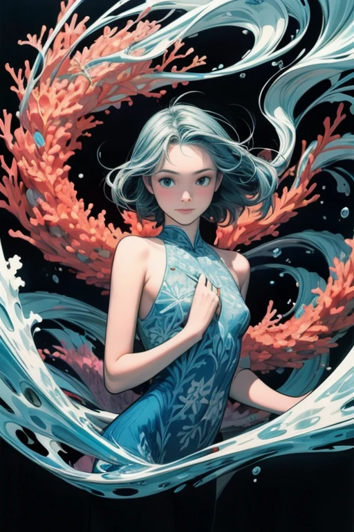 The stylized SeaArt, made of corals and glass waves, Floating in the Void, logo seems to be in a zen space. soft color palette, simplicity and elegance, artbook style.