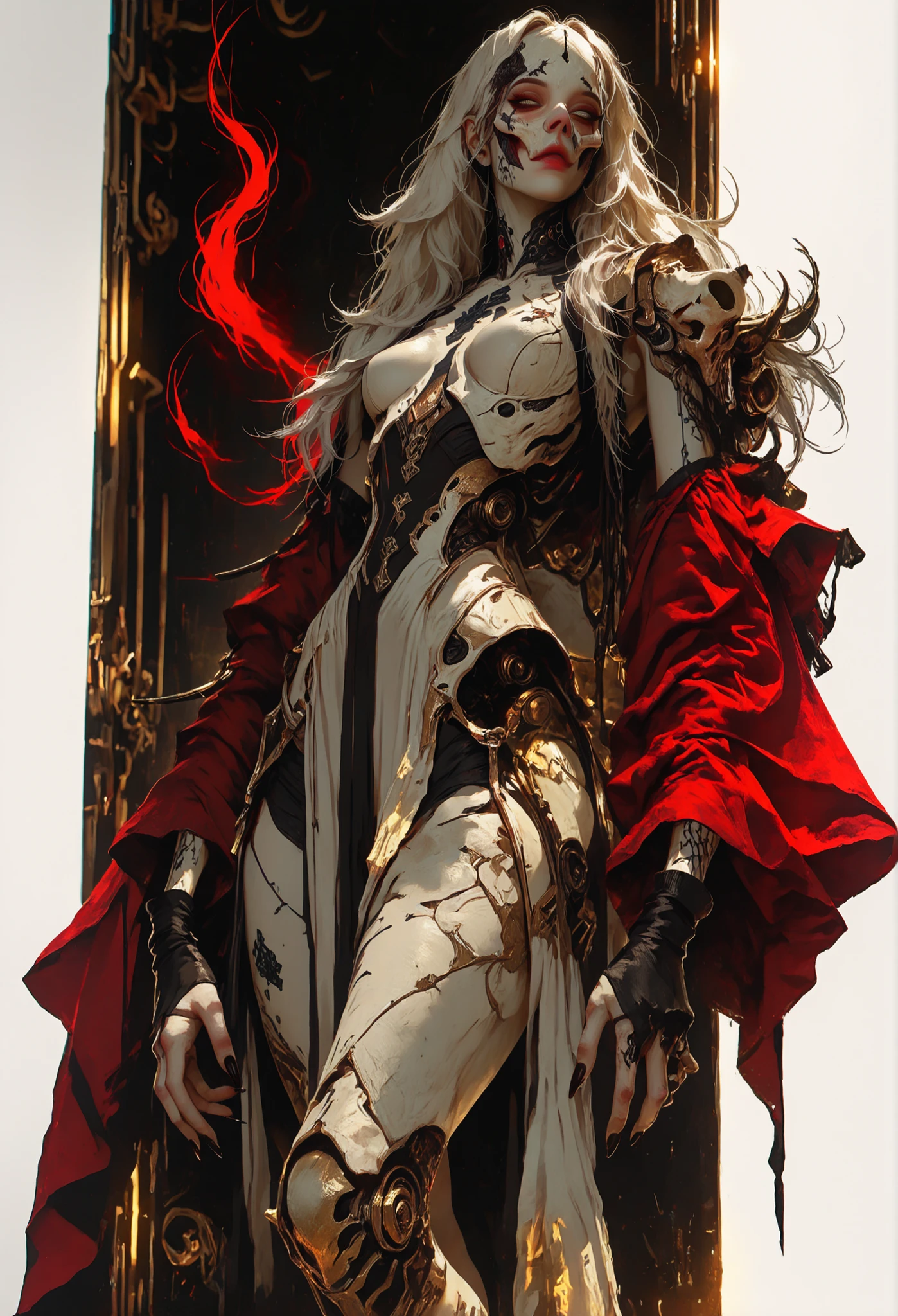 (masterpiece), (very aesthetic), (best quality), highly detailed, intricate details, absurdres, amazing quality, attractive, modern outfit, attractive, slender, very aesthetic, volumetric lighting, backlit, realistic anime artstyle, realistic skin textures, detailed clothing textures, expressive face, chromatic aberration, white background, solo, close-up, ivory skin, very cute and slender girl, barefoot, (ivory and gold),
Very narrow waist, white hair, red highlights in hair, shaggy hair, black eye-color, white skin, robotic skin, red sleeves, fingerless gloves, white short dress, Sleeveless, expressionless, red lips, detailed eyes, black nails, intricate and ornate black markings, skull mask over face, long black nails, claws, sharp nails, red aura, demonic aura, barefoot,
