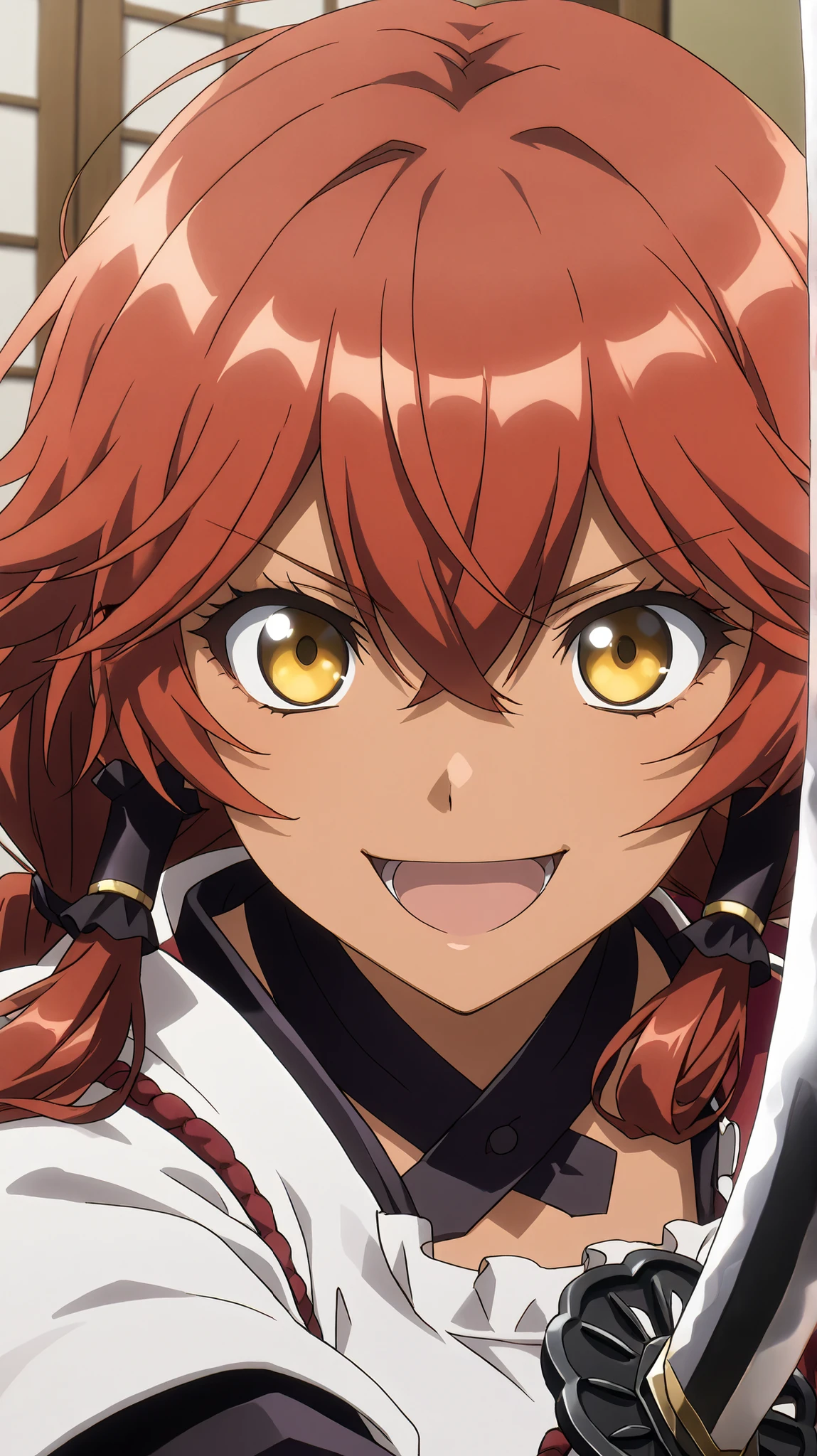 Lupusregina_Beta,
High quality , best quality , masterpiece, High Resolution , detailed face( LoRA: Lupusregina),anatomically correct, detailed hair Style( LoRA: Lupusregina),anime Coloring
red hair, twin braids, long hair, hair tubes, yellow eyes, hair between eyes, dark skin, dark-skinned female
samurai girl,white kimono, red haori,black hakama, breast,
looking at viewer , close-up,
Japanese-style room,
open mouth, smile,
Katana(weapon,Katana blade), weapon focus