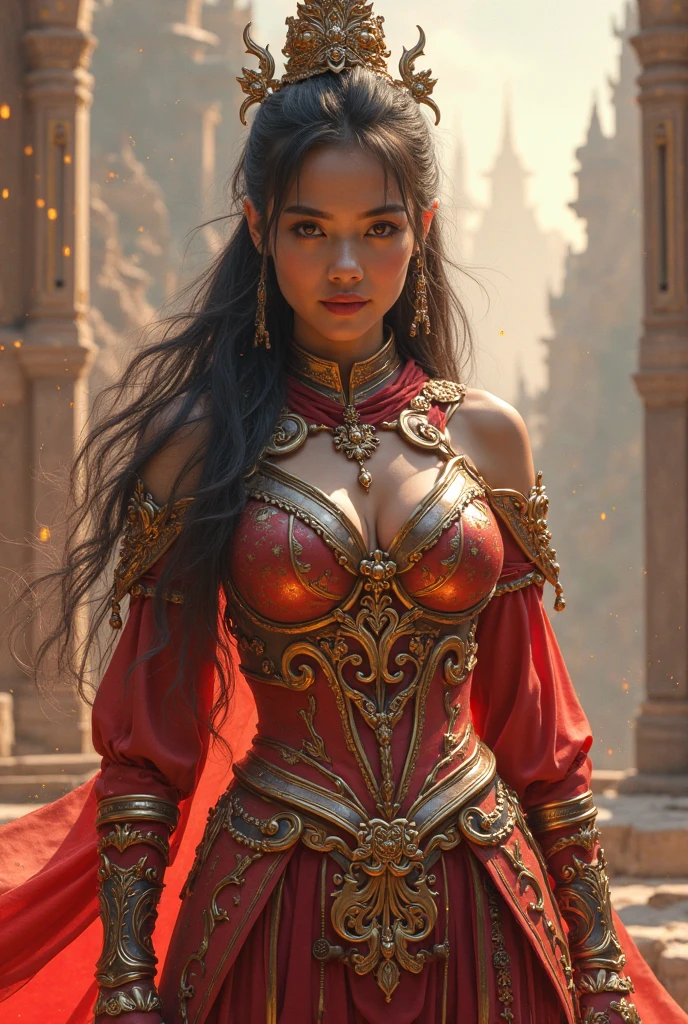 Ultra-realistic photo of a powerful big-breast fantasy beautiful Thai female full-armored heroine with long hair,evil sly smile,wearing highly detailed red and gold Royal-Thai pattern with metallic gold textures and weathered surface armored, ** Royal Thai ornament hat**, right hand holding a long gigantic royal Thai pattern-style glowing energy broad-sword , left fist to a camera ,cinematic lighting, sharp focus, shallow depth of field, high dynamic range, soft shadows, realistic materials, photo taken in a studio with fantasy heaven city background, 85mm lens, f/1.4, ISO 100, 8K photo