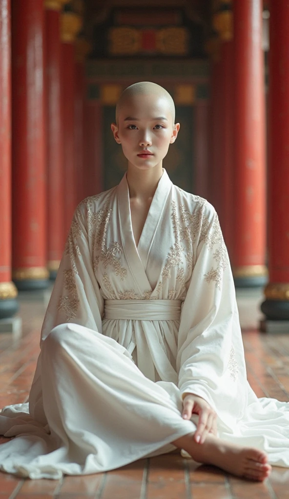 A young woman with no hair, completely bald, showcasing her smooth scalp, with light milky white porcelain skin, wearing an intricately embroidered white Hanfu, sitting gracefully on the floor of a grand Chinese palace with red pillars and golden decorations. Her bare feet and hands are visible, exuding an ethereal beauty and subtle allure through her relaxed yet elegant pose. She is a beautiful fantasy queen, depicted in a soft, dreamy fantasy art style with gentle lighting
