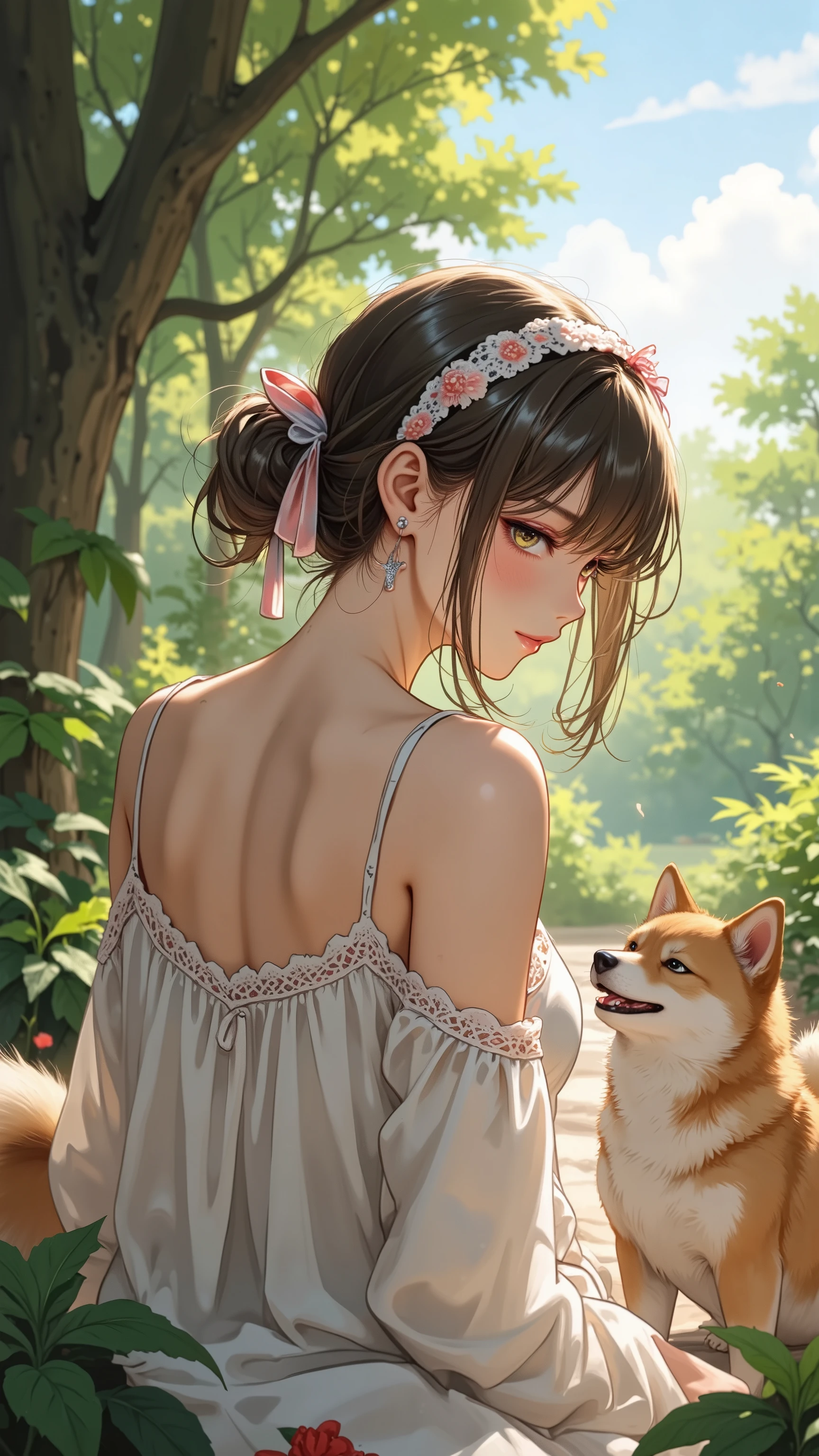 casual dress that pulls the POV, Lace strap, ribbon headband, Woman holding a dog, Shiba Hiroba,