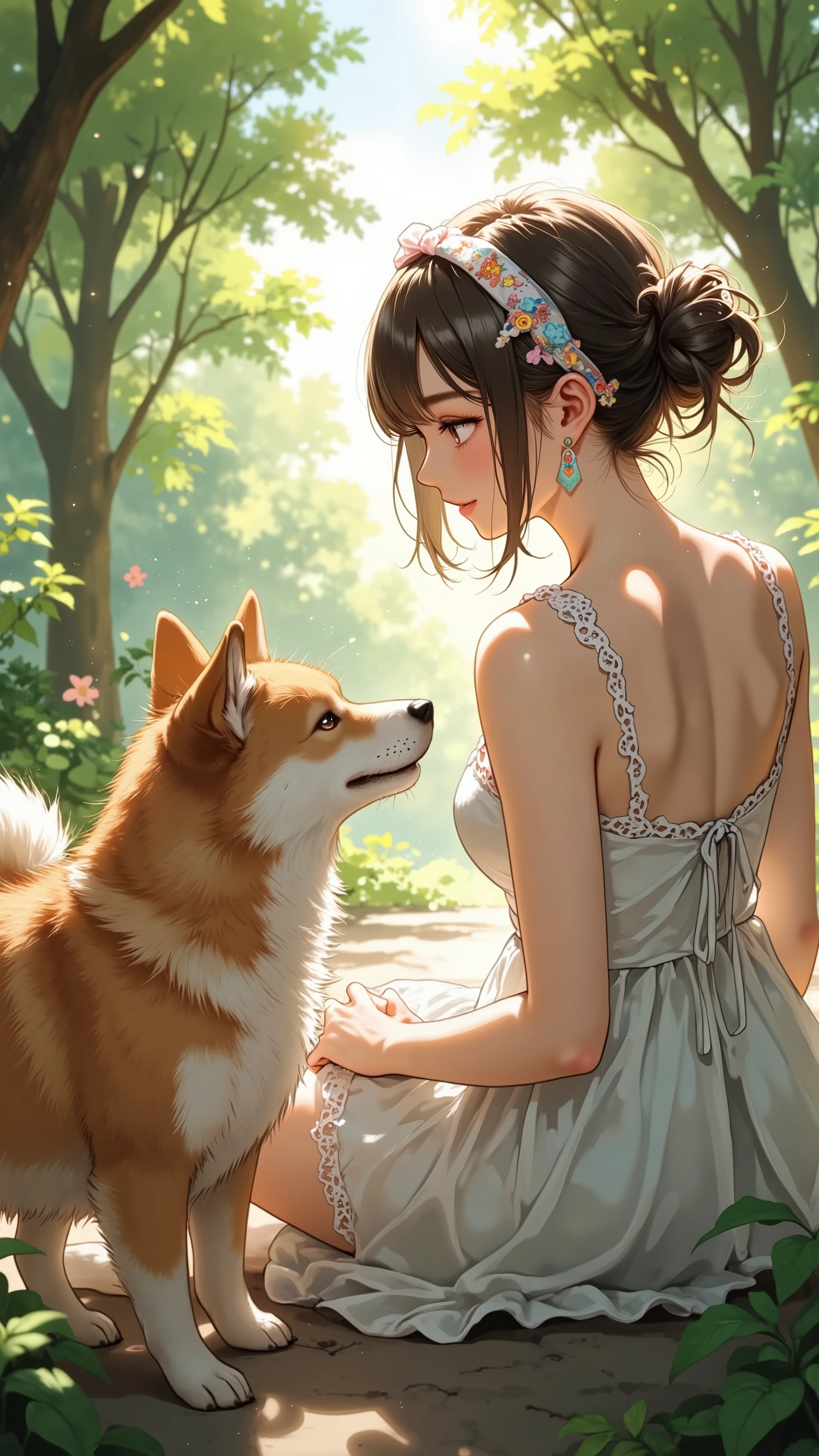 casual dress that pulls the POV, Lace strap, ribbon headband, Woman holding a dog, Shiba Hiroba,