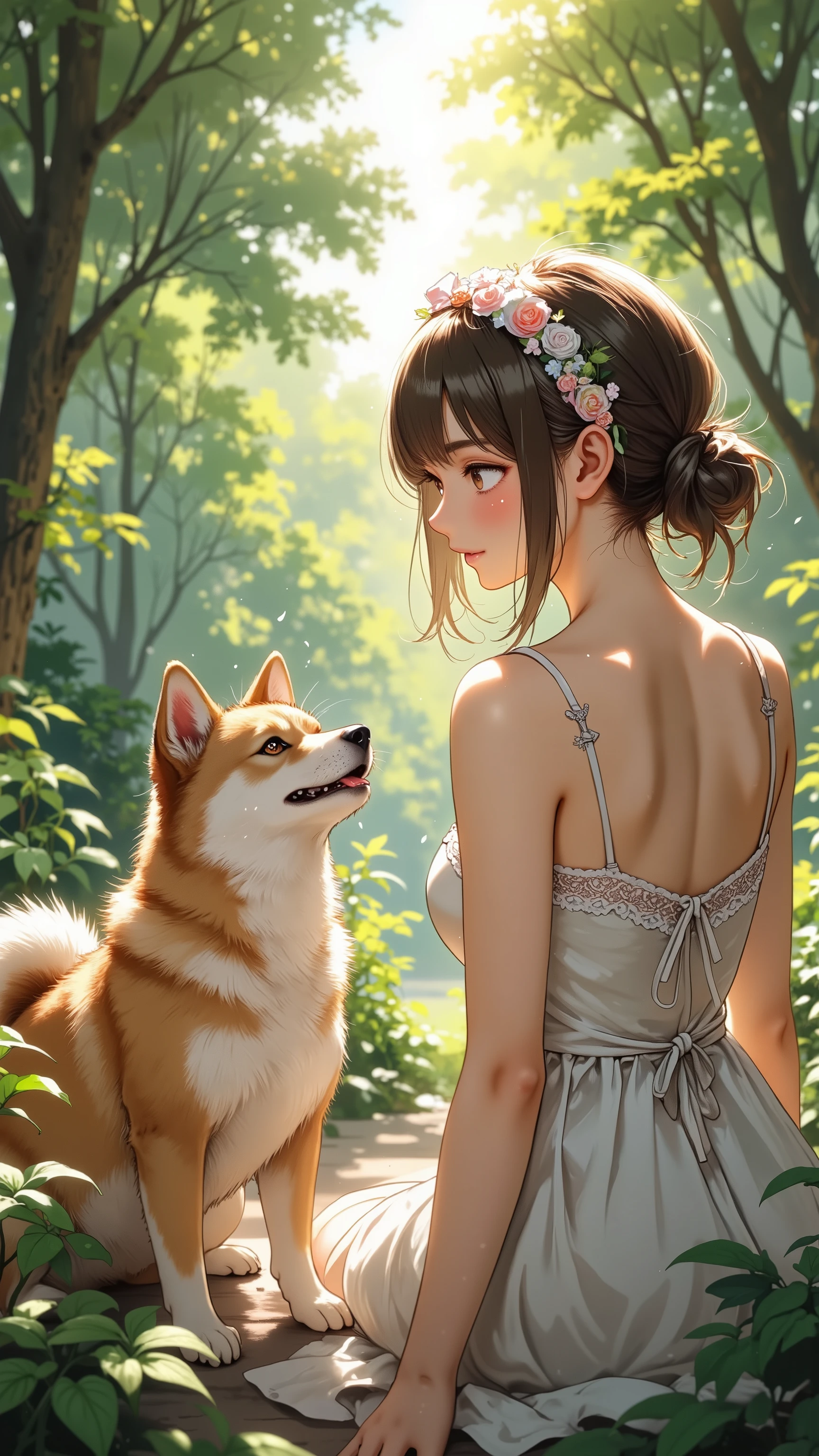 casual dress that pulls the POV, Lace strap, ribbon headband, Woman holding a dog,   Shiba Hiroba,