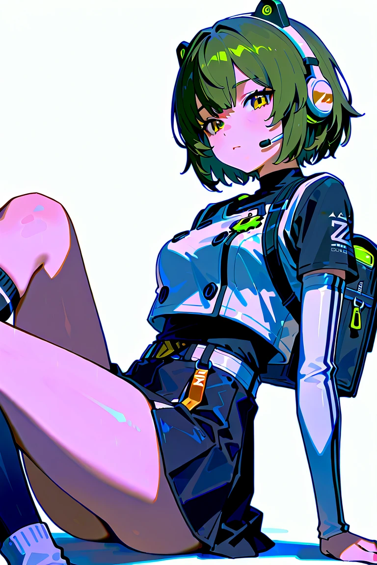 Teen boy sitting and playing on the computer, he is wearing a green and black crop top, dark neon room in game design, black green short top, headphones on head, Short top,