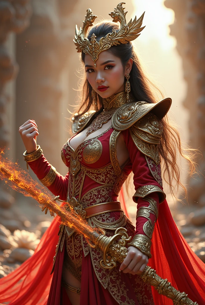 Ultra-realistic photo of a powerful big-breast fantasy beautiful Thai female full-armored heroine with long hair,evil sly smile,wearing highly detailed red and gold Royal-Thai pattern with metallic gold textures and weathered surface armored, ** Royal Thai ornament hat**, right hand holding a long gigantic royal Thai pattern-style glowing energy broad-sword , left fist to a camera ,cinematic lighting, sharp focus, shallow depth of field, high dynamic range, soft shadows, realistic materials, photo taken in a studio with fantasy heaven city background, 85mm lens, f/1.4, ISO 100, 8K photo