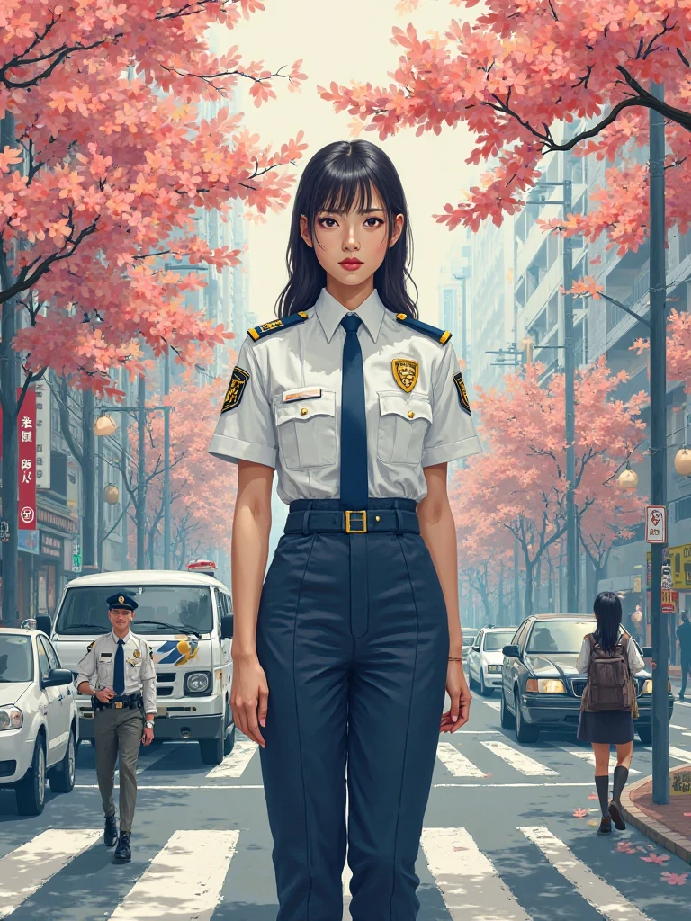 Modern, police officer, one person, Japanese beauty, spring traffic safety, police car, large arrangement of beautiful women, poster style, transparency
