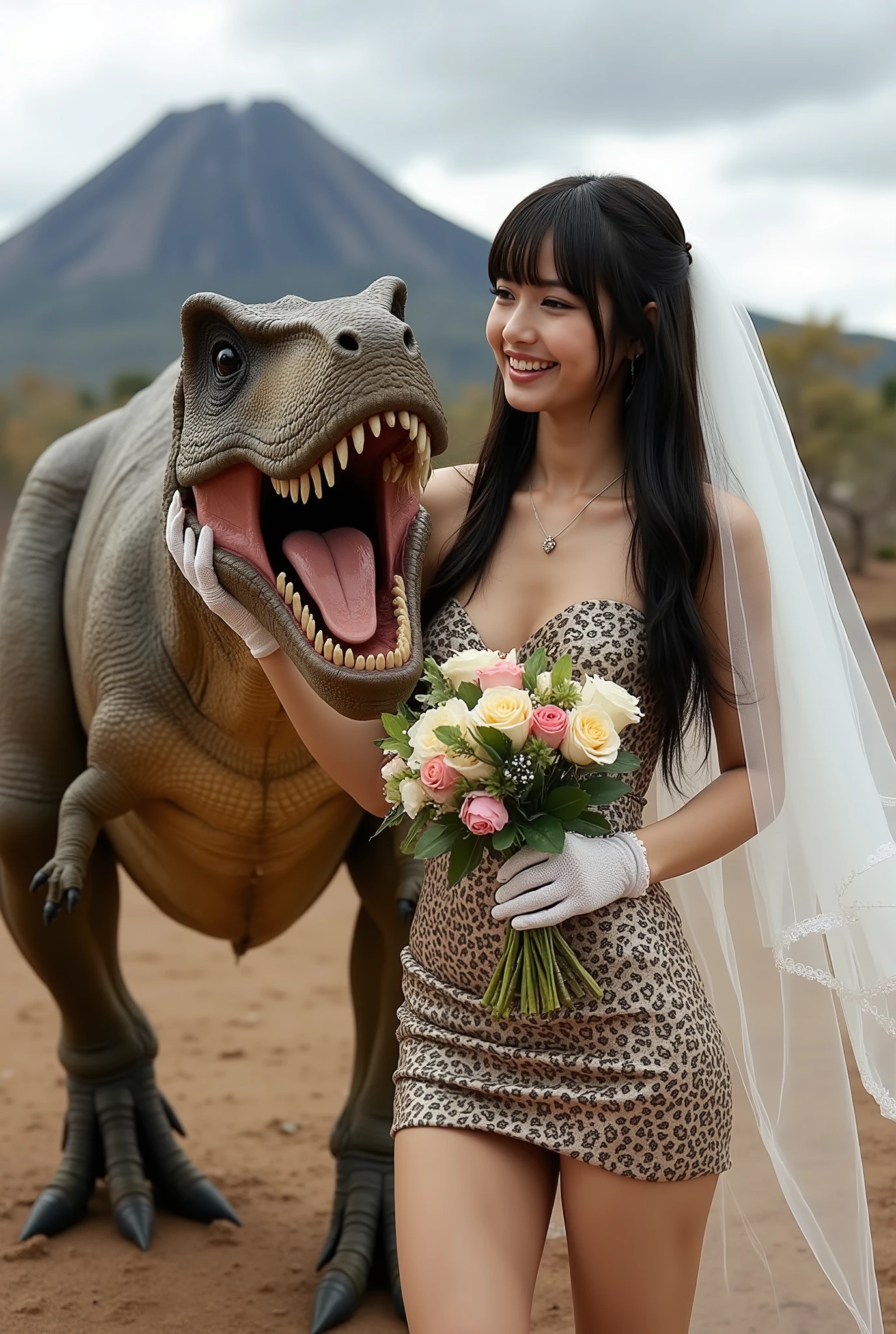 Create a portrait of a stunning Japanese female singer with a slim physique, small bust, and slender legs. She has long hair with bangs and is wearing a prehistoric-style leopard print mini wedding dress, complemented by a wedding veil and gloves. She is smiling affectionately next to a Tyrannosaurus rex. The background features a Cretaceous plain with a volcano, captured from a dynamic angle.