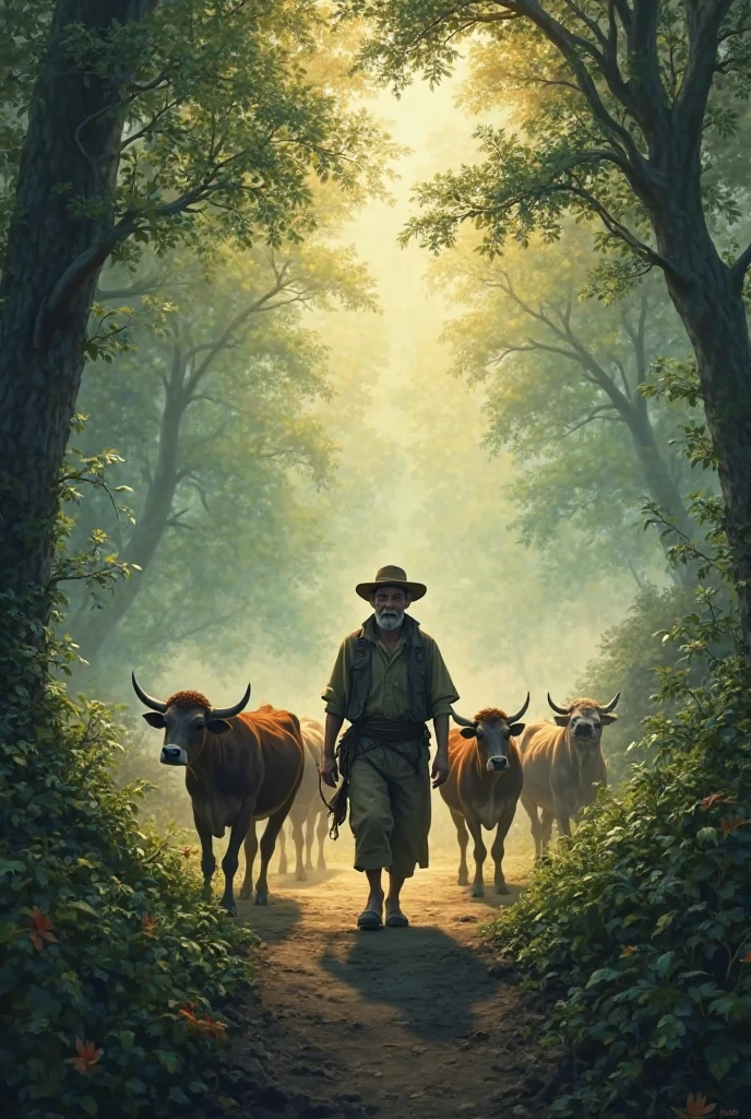 /Imagine prompts early in the morning, the sun was not yet coming, that Mercy walked with his cattle into the forest next to the village.
