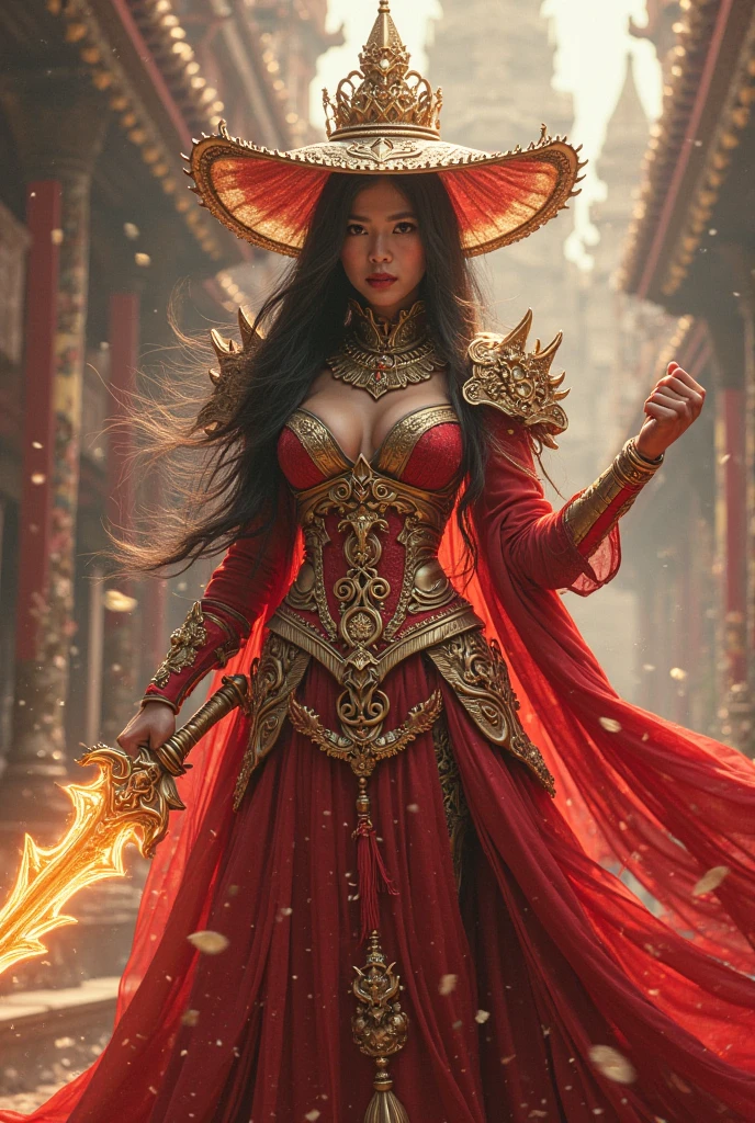 Ultra-realistic photo of a powerful big- fantasy beautiful Thai female full-armored mage with long hair,evil sly smile,wearing highly detailed red and gold Royal-Thai pattern with metallic gold textures and weathered surface armored,  ancient Thai ornament wide brim hat, right hand holding a long gigantic royal Thai pattern-style glowing energy broad-sword , left fist to a camera ,cinematic lighting, sharp focus, shallow depth of field, high dynamic range, soft shadows, realistic materials, photo taken in a studio with fantasy heaven city background, 85mm lens, f/1.4, ISO 100, 8K photo