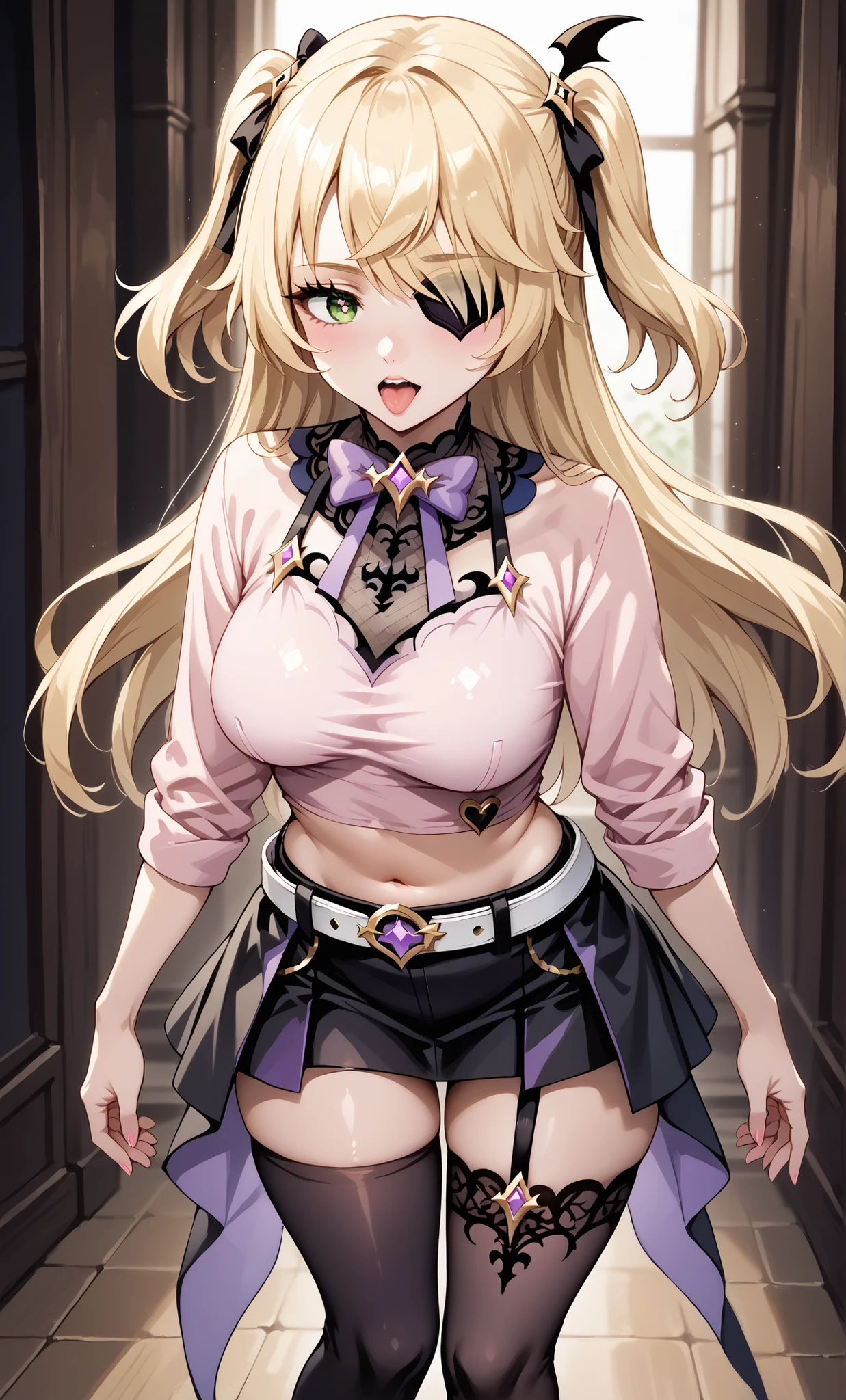 1girll, bangs, black_choker necklace, Foot warmer, Red bow, Red_ribbon, Blonde_Hair, Blue_Eyes, Blush, Bra, Large breasts, choker necklace, 鎖骨, collared_shirt, full_Body, Grey_Background, Hair_ribbon, Long_Hair, double tails, Hair ribbon, Looking_at_peeping at the viewer, Red-pink check, tartan_Skirt, pleated_Skirt, ribbon, Pink cardigan, Skirt, Smile, Solo, standing, double tails, underwear, arms cuffs