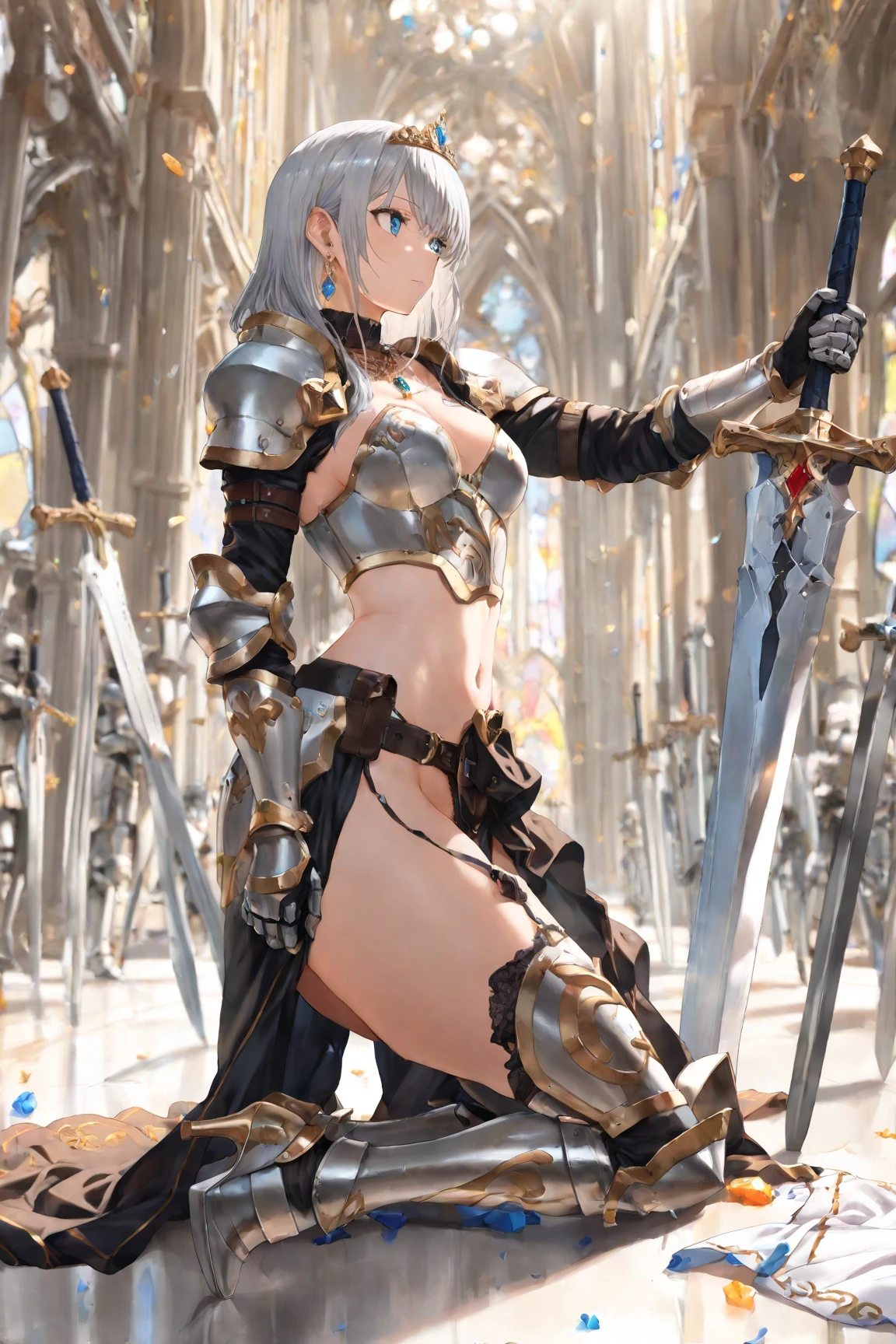 ((RAW image quality:1.4)), (NSFW), ((1 female:1.4)), one personで, 18-year-old, 7 head and body, (cute face), (Beautiful shining blue eyes:1.4), (ideal body proportions), (An android with a mechanized left leg and left arm.:1.4), (platinum metal machinery), length , chest fantasy, cleavage, big breasts, (Underboo Boo:1.4), magic effect, ((Armor that only covers the crotch and nipples:1.4)), (Costumes that dig into the crotch), pubic hair, has a big sword, , strong wind, My clothes are transparent, Wet, short hair, black hair, , thin, small ass, beautiful feet, thin脚, surrealism, cinematic lighting, written boundary depth, one person&#39;point of view, f/1.8, 135mm, nffsw, battle pose, table top, Accurate, ((anatomically correct)), rough skin, Super detailed, advanced details, high quality, award-winning, 最high quality, High resolution, 8k