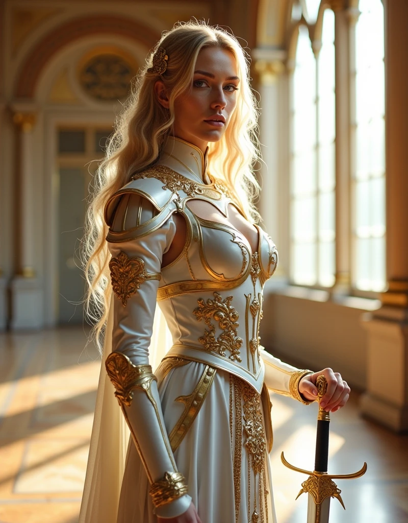 A stunning warrior princess stands poised in an opulent, brightly lit chamber, exuding an aura of regal strength and elegance. She is adorned in a meticulously crafted white and gold armor ensemble that accentuates her form while providing a sense of formidable protection. The armor is intricately designed with ornate gold filigree and embellishments, highlighting the luxurious and fantastical nature of her attire. Her bodice is tightly fitted, featuring a plunging neckline that is both daring and sophisticated, bordered with delicate gold detailing that draws the eye. The shoulder pieces are sculpted with elaborate, wing-like extensions, adding a dramatic flair to her silhouette.

Her long, flowing blonde hair cascades down her shoulders in soft waves, framing her face and enhancing her ethereal beauty. She grips a gleaming sword with a black and gold hilt, held confidently at her side, ready for battle. The sword's blade shines with a polished silver hue, reflecting the light and adding to the overall majestic ambiance.

Her arms are encased in gold gauntlets that match the rest of her armor, each piece meticulously detailed with swirling patterns and designs that suggest both artistry and functionality. The gauntlets extend to her hands, where they form claw-like extensions, adding a fierce and intimidating element to her appearance.

Her lower body is protected by a combination of armor and lace, creating a striking contrast between the hard, metallic elements and the soft, delicate fabric. The lace is white and intricately patterned, peeking out from beneath the gold-trimmed armor pieces that cover her hips and thighs. This combination of materials adds a layer of complexity and depth to her outfit, blending the themes of strength and femininity seamlessly.

The background of the scene is equally grand, with tall, arched windows allowing streams of light to flood the chamber, casting a warm glow on the warrior princess. The walls are adorned with gold accents a