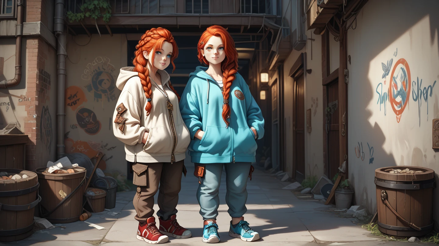 “A young dwarf girl with a round face, braided auburn hair, wearing an oversized hoodie with a dragon emblem, cargo street pants with pockets and zippers, chunky sneakers, standing in a graffiti-covered alley, urban fantasy style, soft lighting, 4k, detailed”