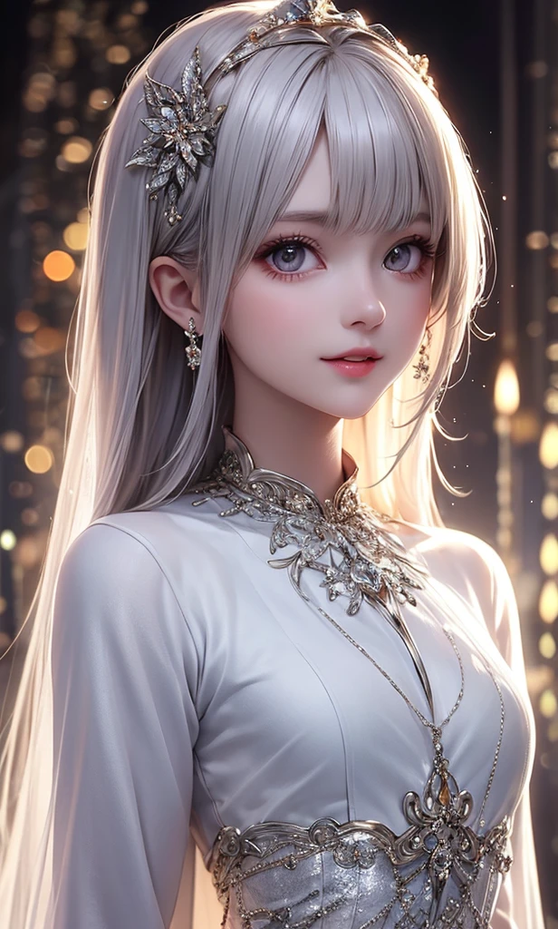 Masterpiece, Best Quality, Super Detailed, High Definition, Expensive Resolution, HDR, 4k, 8K, Unity 8k Wallpaper, Super Detailed CG, Masterpiece, Realistic, 2D, 3D, Beautiful Details, Depth, Fine Texture, Super Fine: 1.3, Complete concentration, crispy skin, him, very cute anime girl, high , expensive silver long hair, one girl, silver long hair, high , mole under the eye, gaze, expensive, blush,, parted Lips, hair ornament, heart, purple eyes, choker