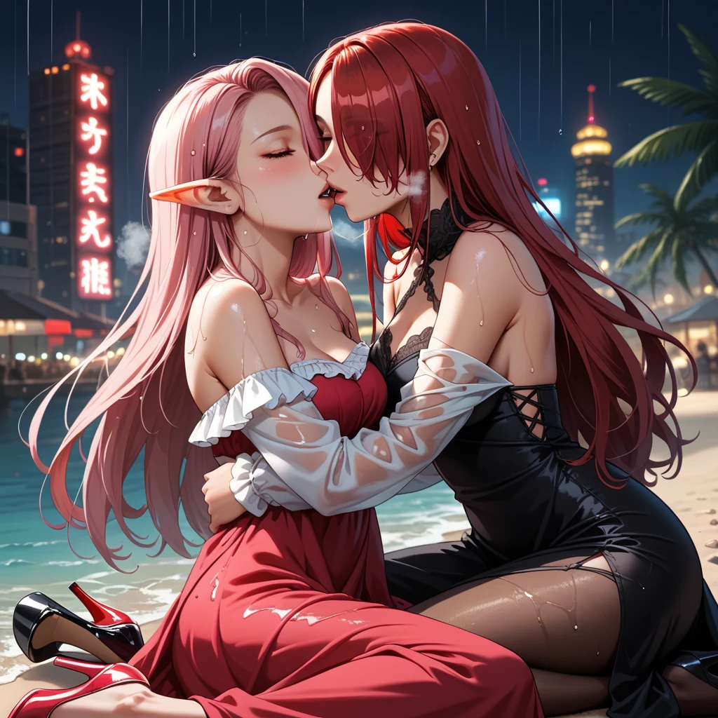 Best quality,Amazing,Masterpiece,Delicate,Ultra-high resolution,Ultra detailed,intricately details,Beautiful detailed,8K resolution,(Extremely detailed Cg Unity 8K wallpaper),Sharp focus,((No text)),breast conscious,Huge bare breasts,Areola bareness,Bare breasts explode,Lively bare breasts,Bare breasts,High transparency and transparency of bikini tearing，，Tongue stock,Makeup,cheerfulness,Reflectors,ahegao,Pink eyes,Heart earrings,2girls,Female pervert,view the viewer,hair flower,Long hair,multicolored hair,Shiny hair,Barefoot,Bottomless,Thick thighs,Bare legs,Look at each other from the front、((Feminine kiss))、(((French kiss for women)))、Women hugging each other，As if pushing each other、Staring at each other、Moist eyes、half-open lips、Beautiful、Red blush(0.2)、Functional、seductiv、Trance、instigate、Beauty、bustup、Shunguang、、Shoot diagonally down from the front、precise drawing、Detailed drawing、Precise anatomy、