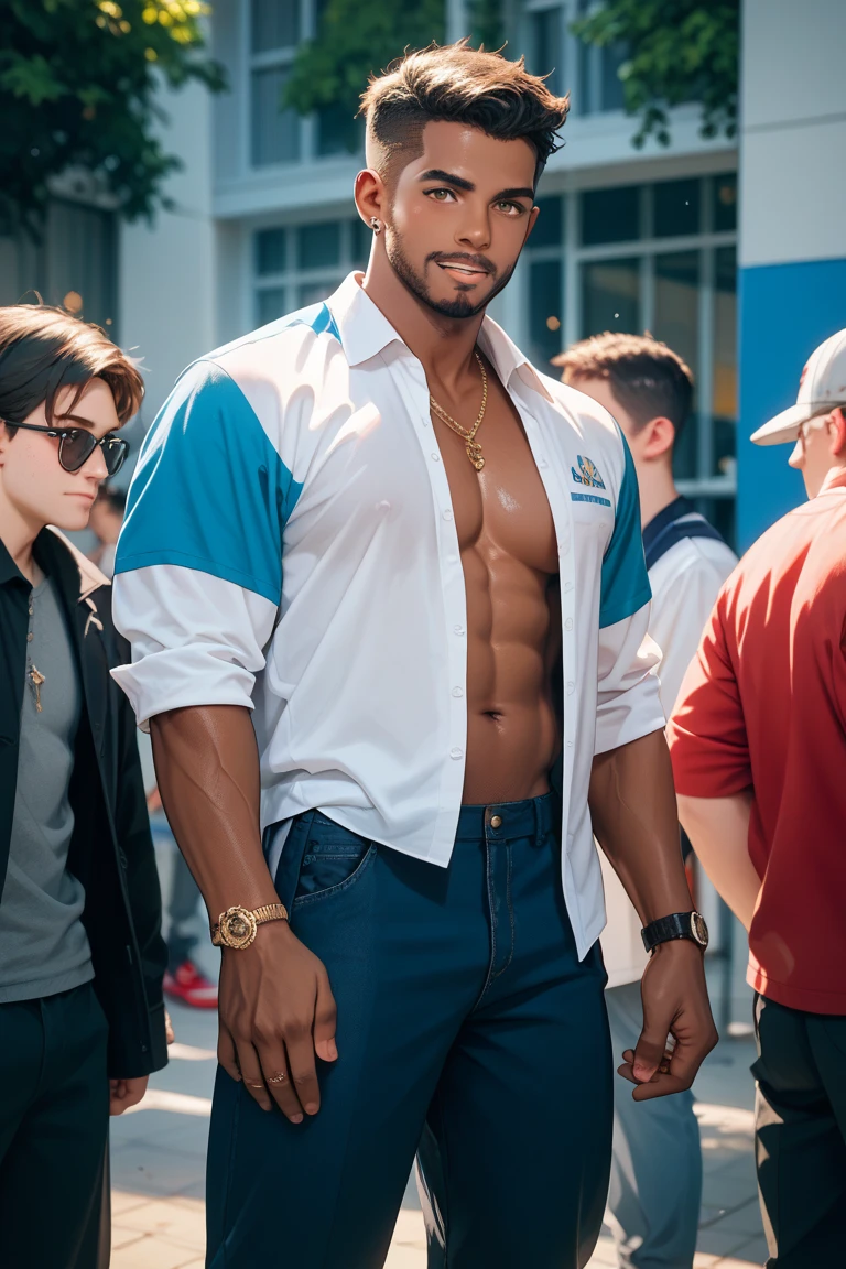 (masterpiece, best quality:1.2), cowboy shot, solo, male focus, 1boy, smile, looking at viewer, wireless headphones, shirtless, ripped jean, sport shoe, concert, spotlight