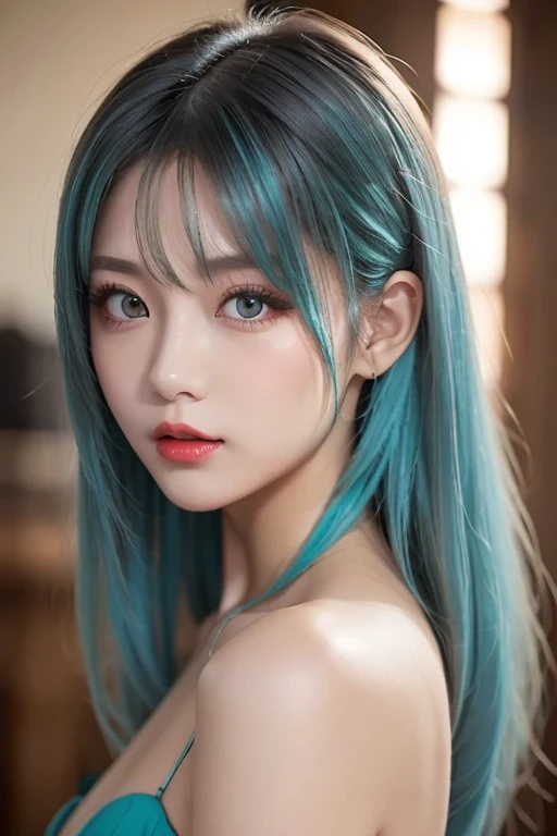 Best Quality, Masterpiece, Ultra High Resolution, (Realism: 1.4), Original Photo, 1Girl, Green Eyes, Off-the-Shoulders, Cinematic Lighting, Blue Hair, At Sunset