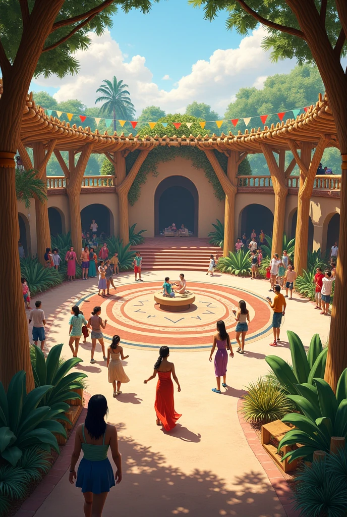 A large roundabout with a large stage and an entrance with bamboo pergola decorated with cacti and flags with people in this space