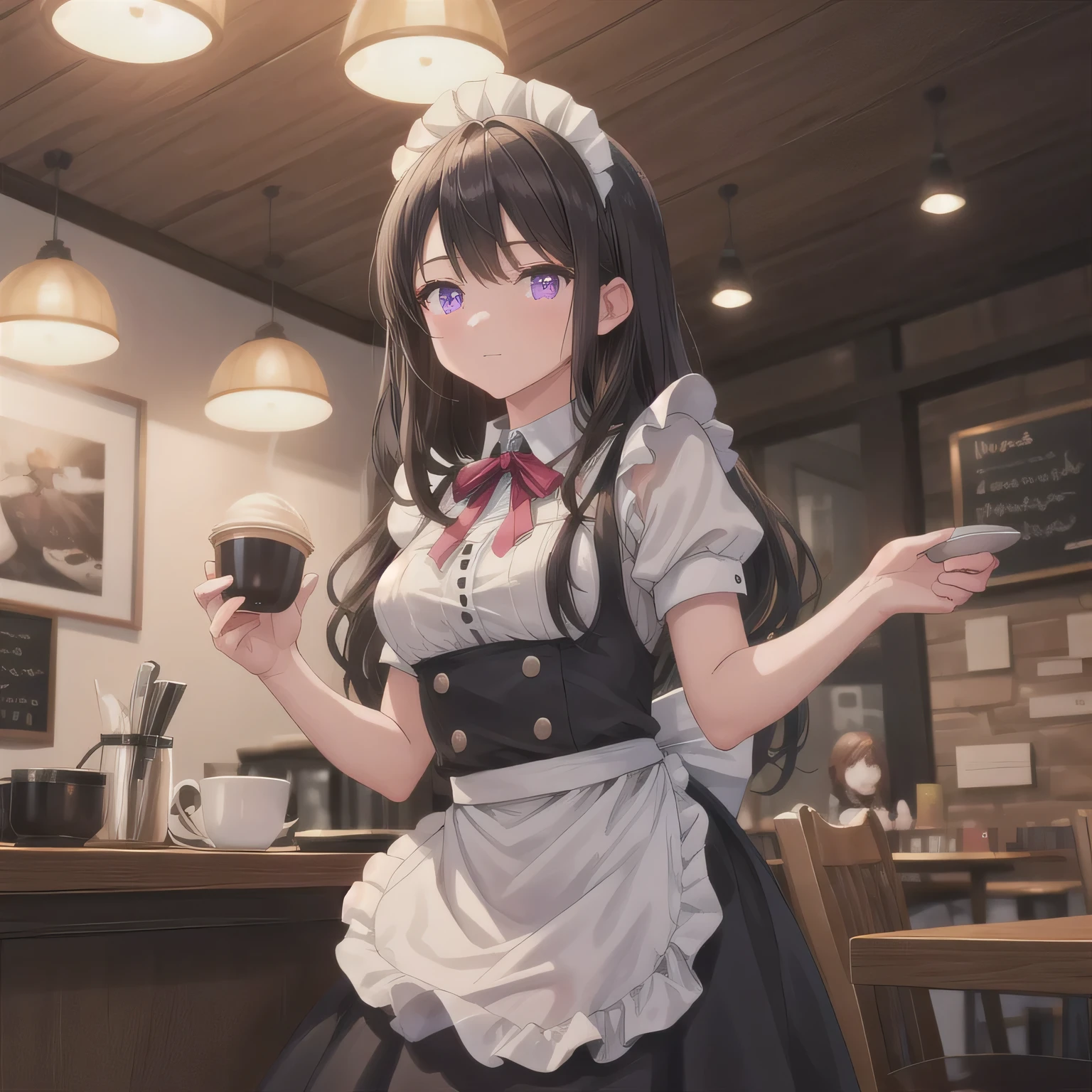 A girl is working as a waitress in a cozy cafe. She's wearing a classic maid outfit. The air feels warm and calm, and it's like you can almost smell the coffee through the picture. dark hair, long hair, purple eyes.